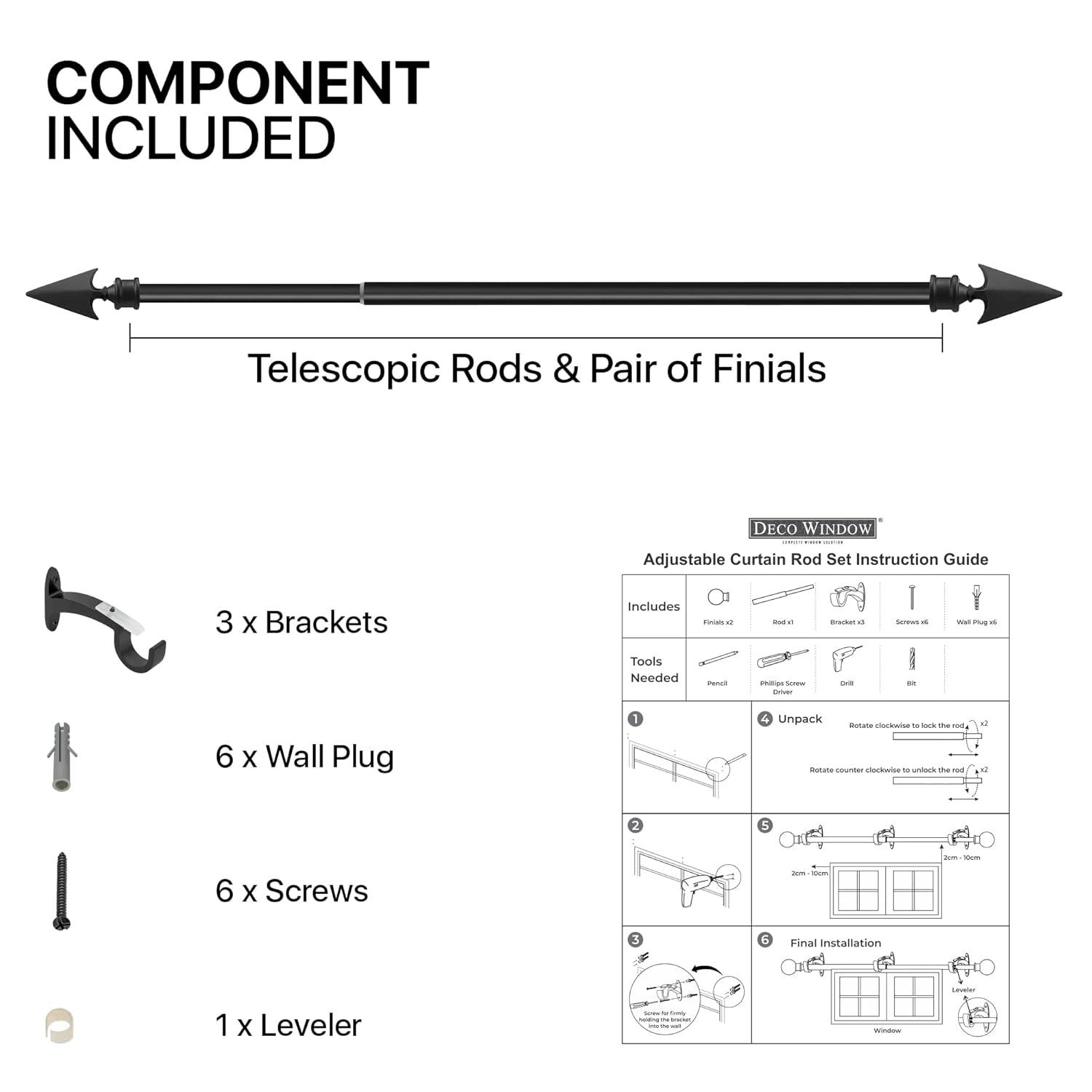 Deco Essential 36 to 66 Inches Adjustable Curtain Rod for Windows with Flat Arrow Finials & Bracket Set (3/4'' Diameter,Black)