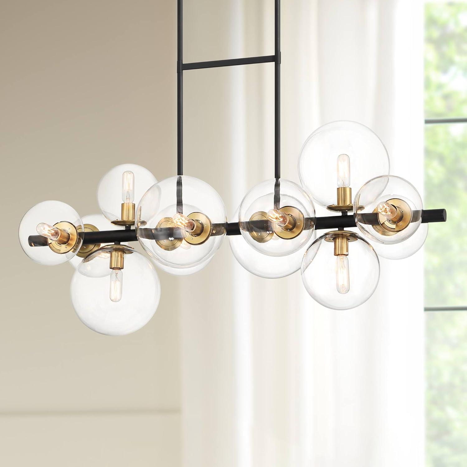 Possini Euro Design Vasa Black Gold Island Linear Pendant Chandelier 34" Wide Modern Clear Glass 12-Light Fixture for Dining Room