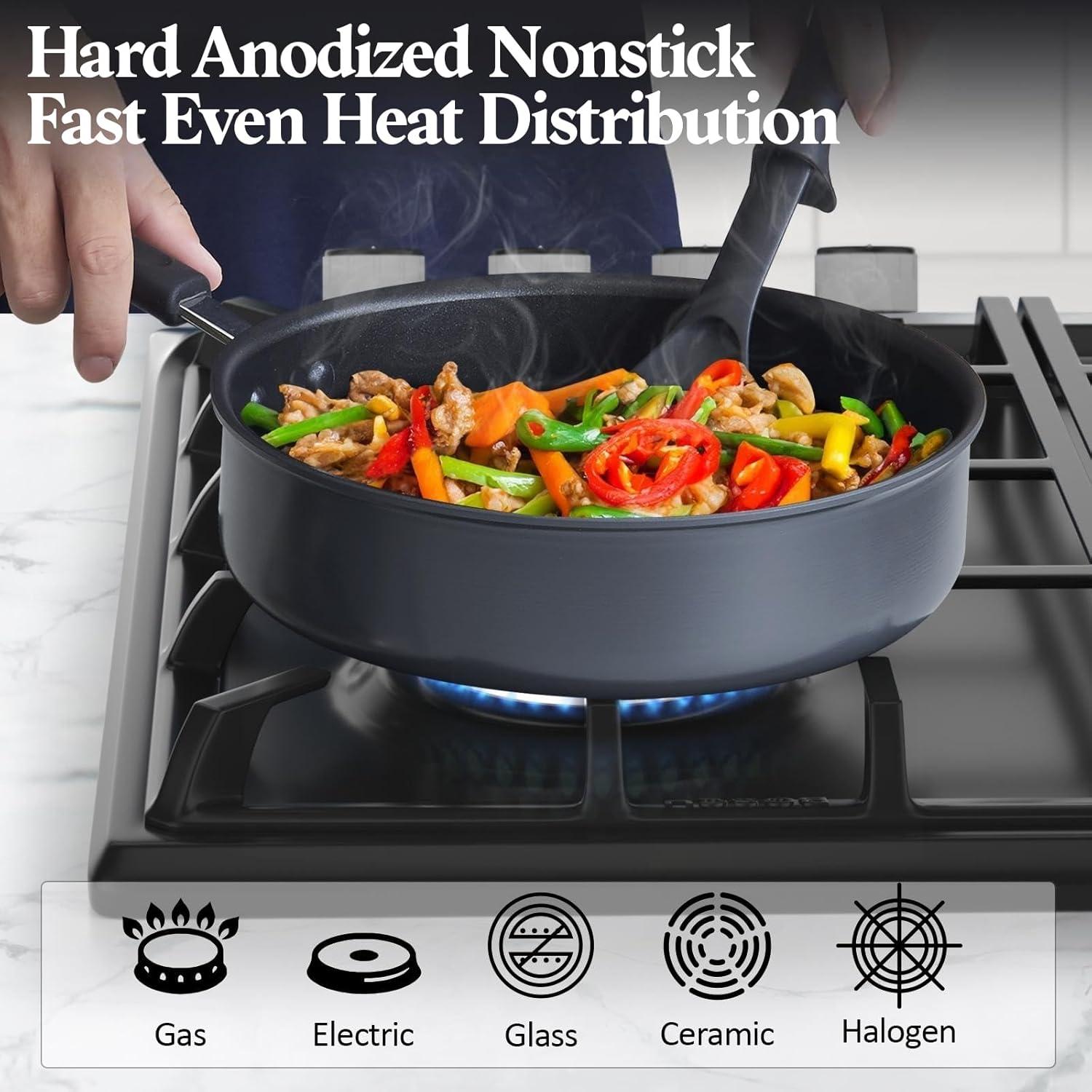 Cook N Home Professional Hard Anodized Nonstick 3 Quart 9.5 inch Saute Pan With Lid， Stay-Cool Handles , Black