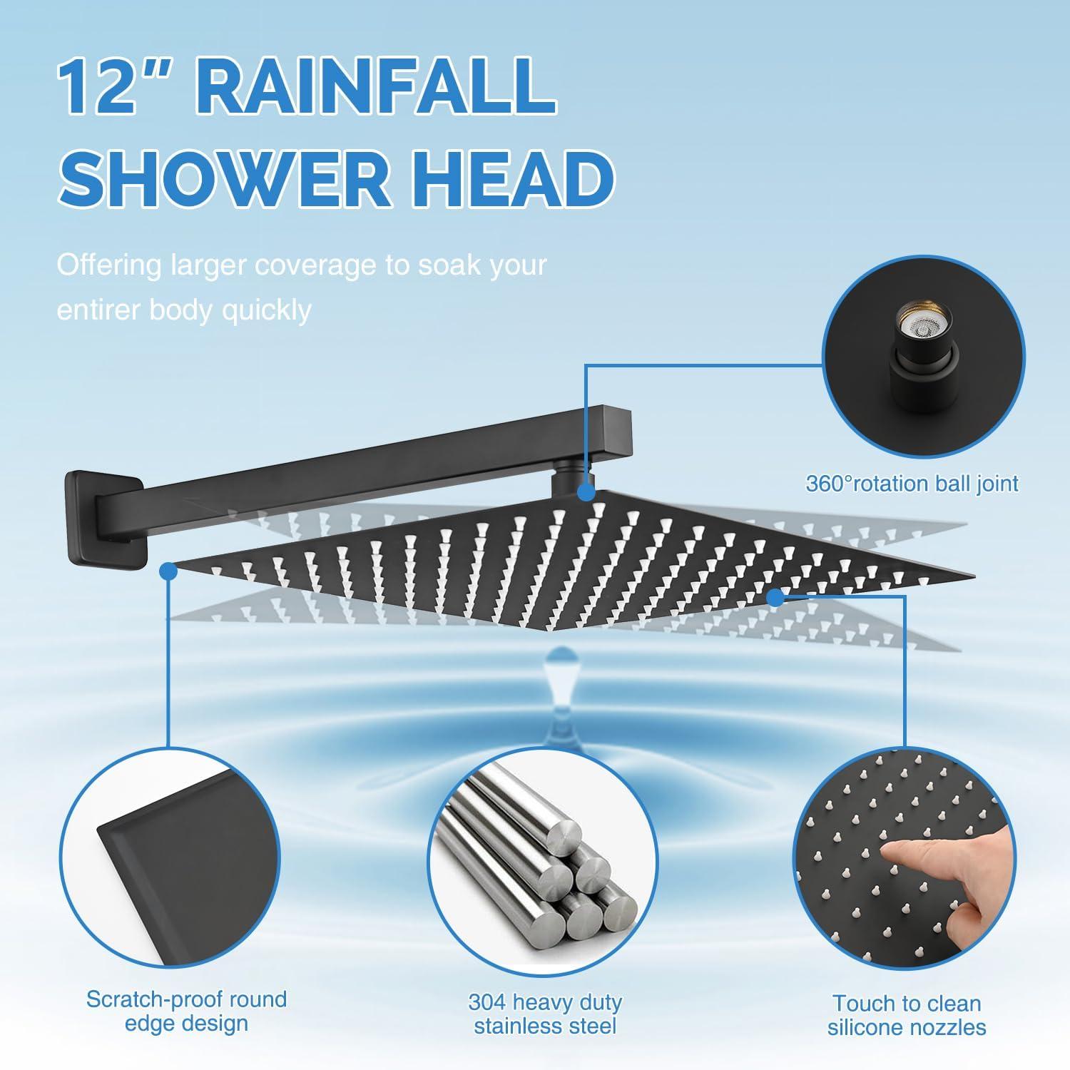 Shower Faucet Set 12" Matte Black Shower Head And Handle Set Rainfall Shower System with Square Rain Shower Head and High Pressure Handheld Spray