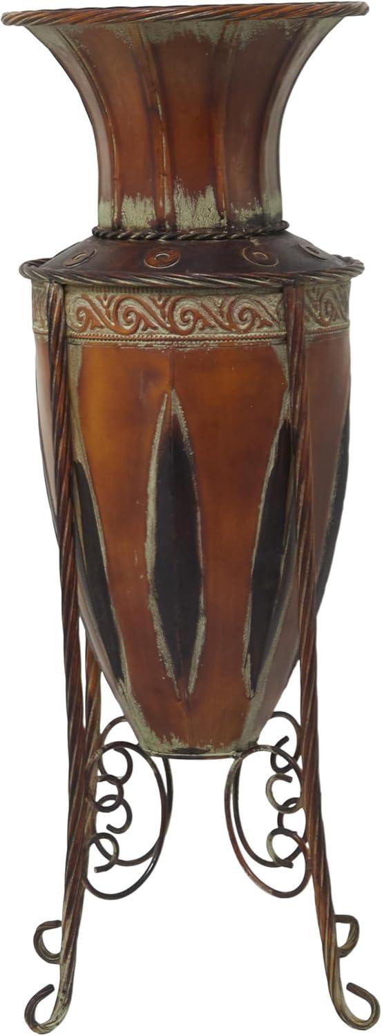 DecMode 27" Tall Brown Metal Vase with Attached Metal Stand and Intricate Design