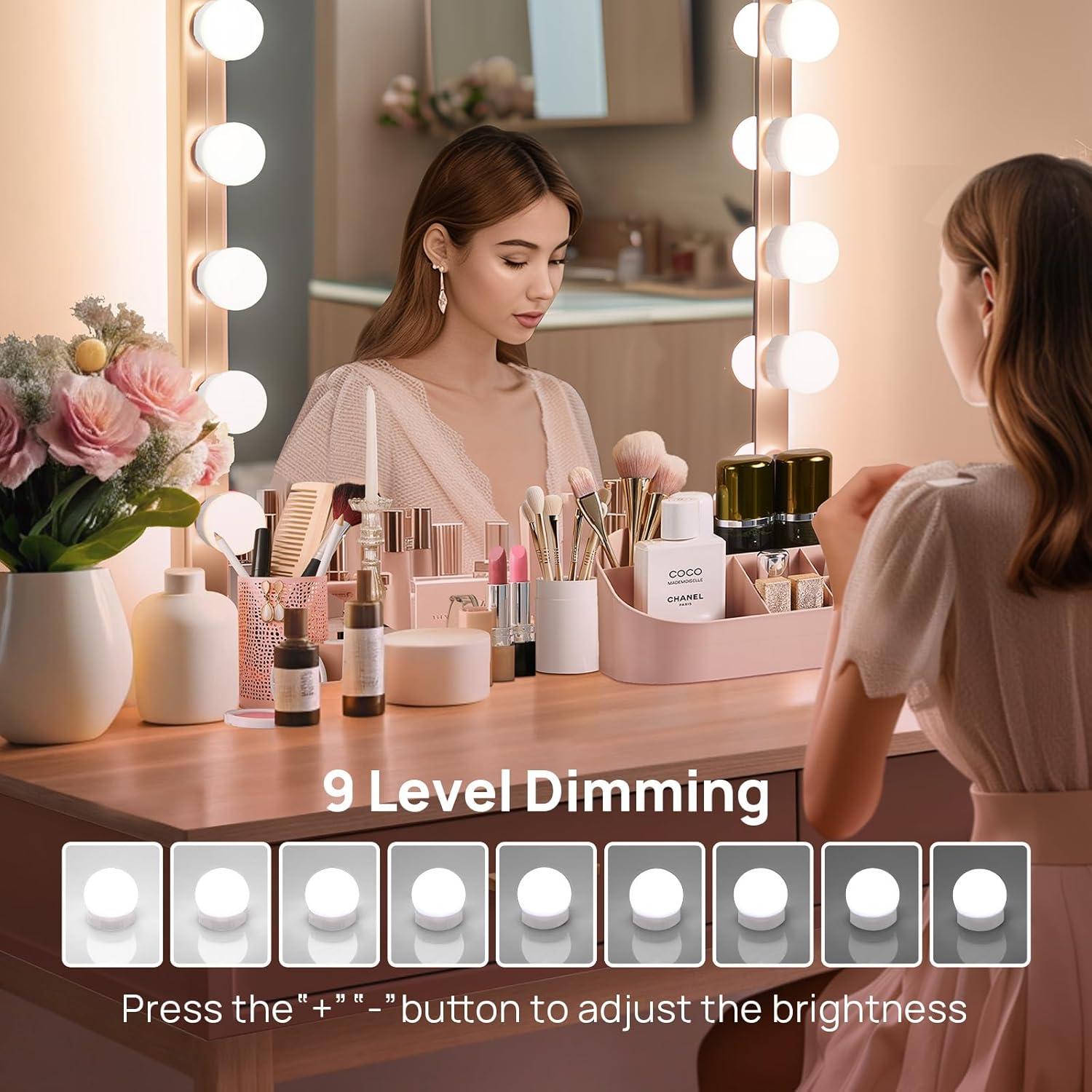 LED Vanity Lights For Mirror, Hollywood Style Lights With 14 Dimmable Bulbs, Adjustable Color & Brightness, USB Cable, Mirror Lights Stick on for Makeup Table Dressing Room Mirror,White