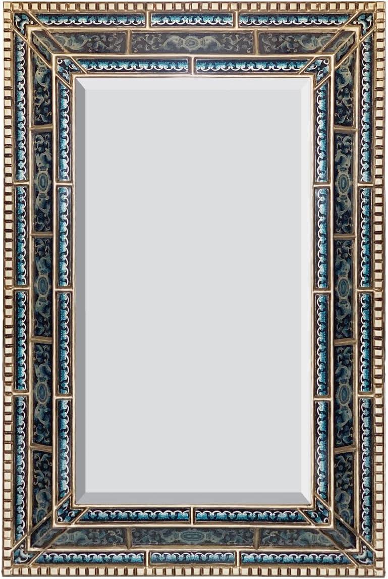 Peruvian Blue and Silver Reverse Painted Glass Mirror