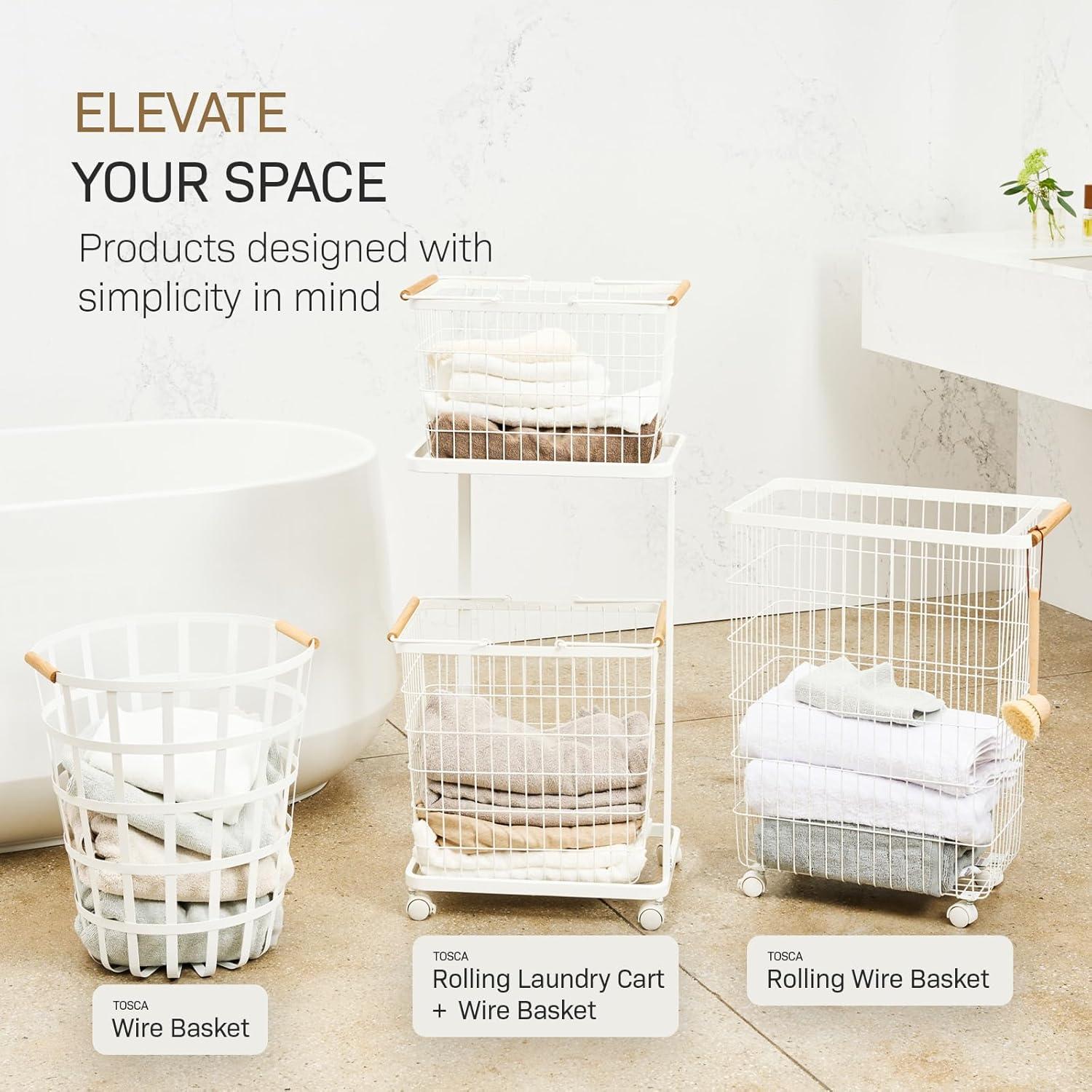 Yamazaki Home Slim Rolling Laundry Basket Hamper, Steel + Wood, 14.5 gallons, Handles, Wheels