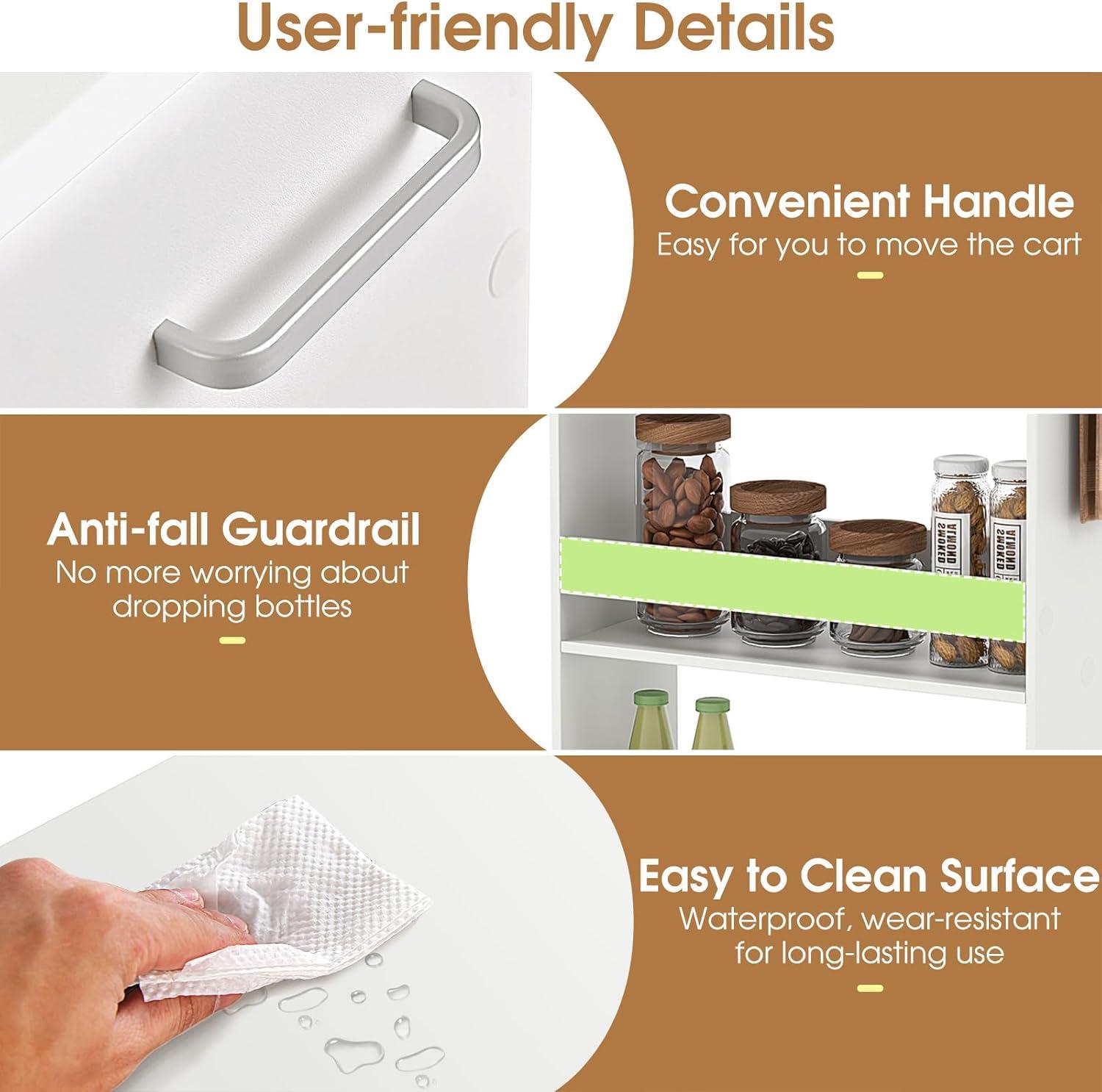 White Slim Rolling Kitchen Cart with Multi-Tier Storage