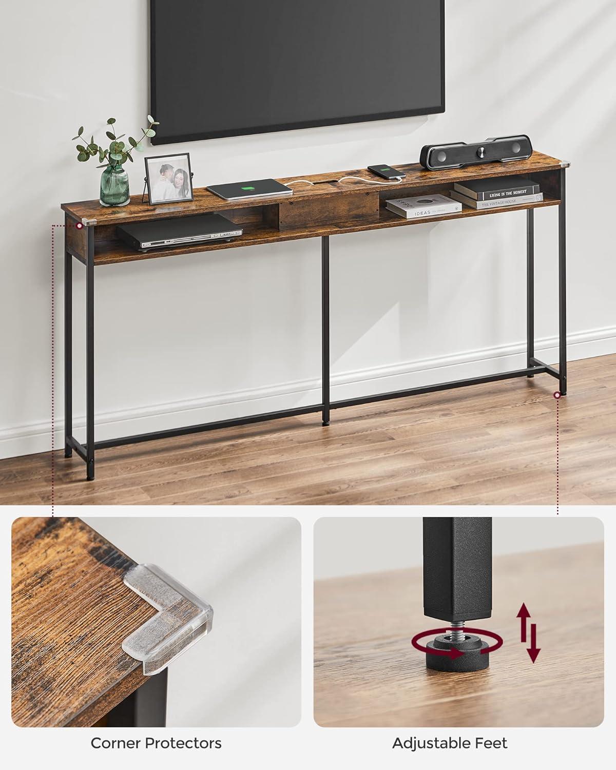 VASAGLE Narrow Console Table 70.9" with 2 Outlet and 2 USB Ports Sofa Table with Charging Station Long Entryway Table for Hallway Living Room Rustic Brown and Black