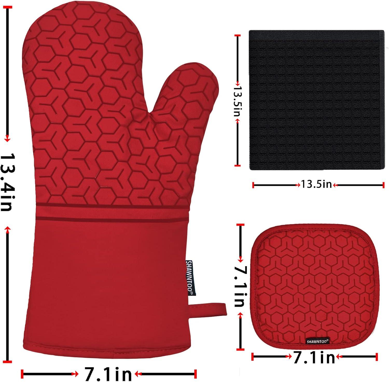 Red Heat-Resistant Silicone Oven Mitts and Pot Holders Set