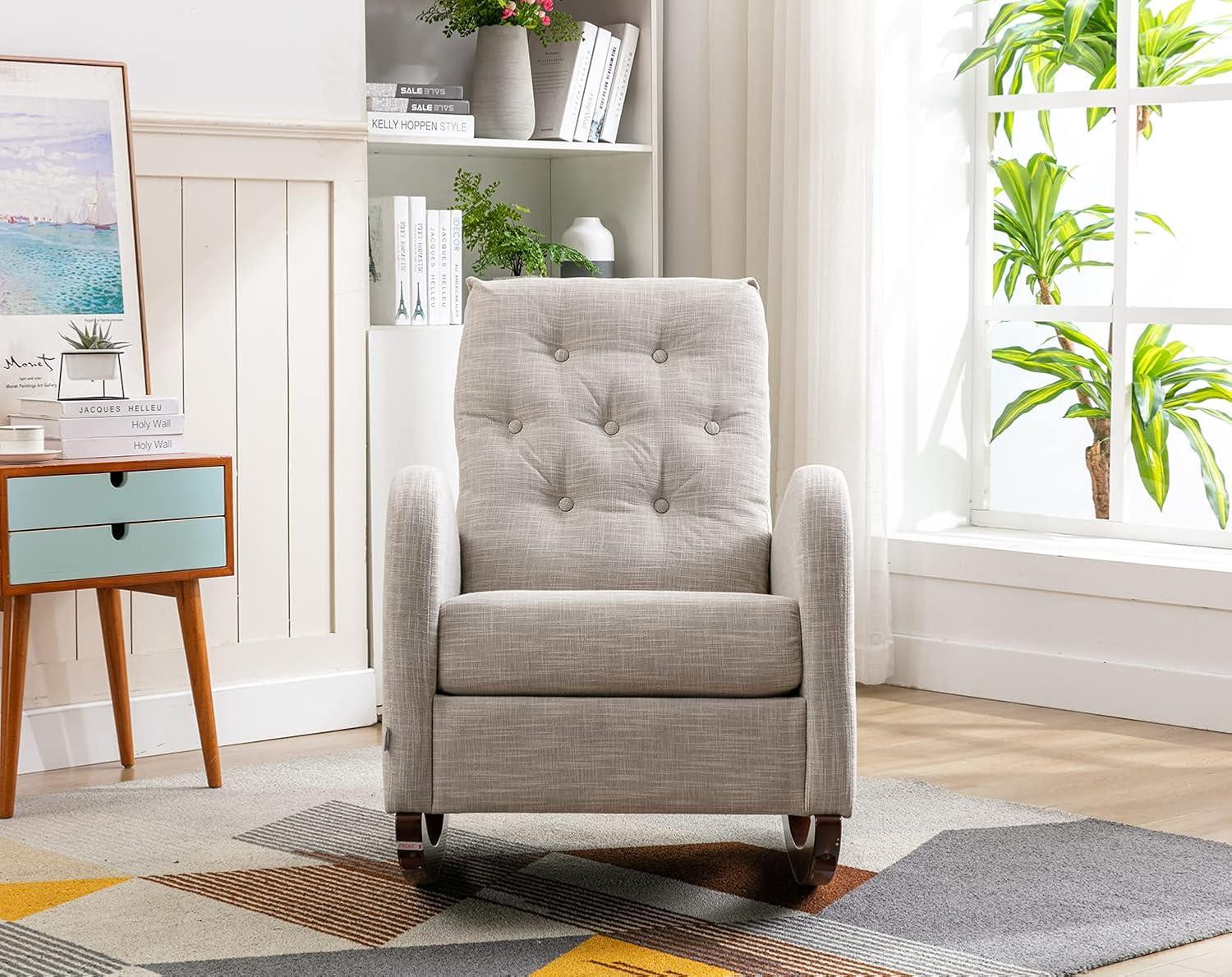 Antetek Modern Accent Rocking Chair, Upholstered Nursery Glider Rocker, Comfy Armchair with Side Pocket, Living Room Lounge Arm Chair, High Backrest with Decorative Buttons, Dark Grey