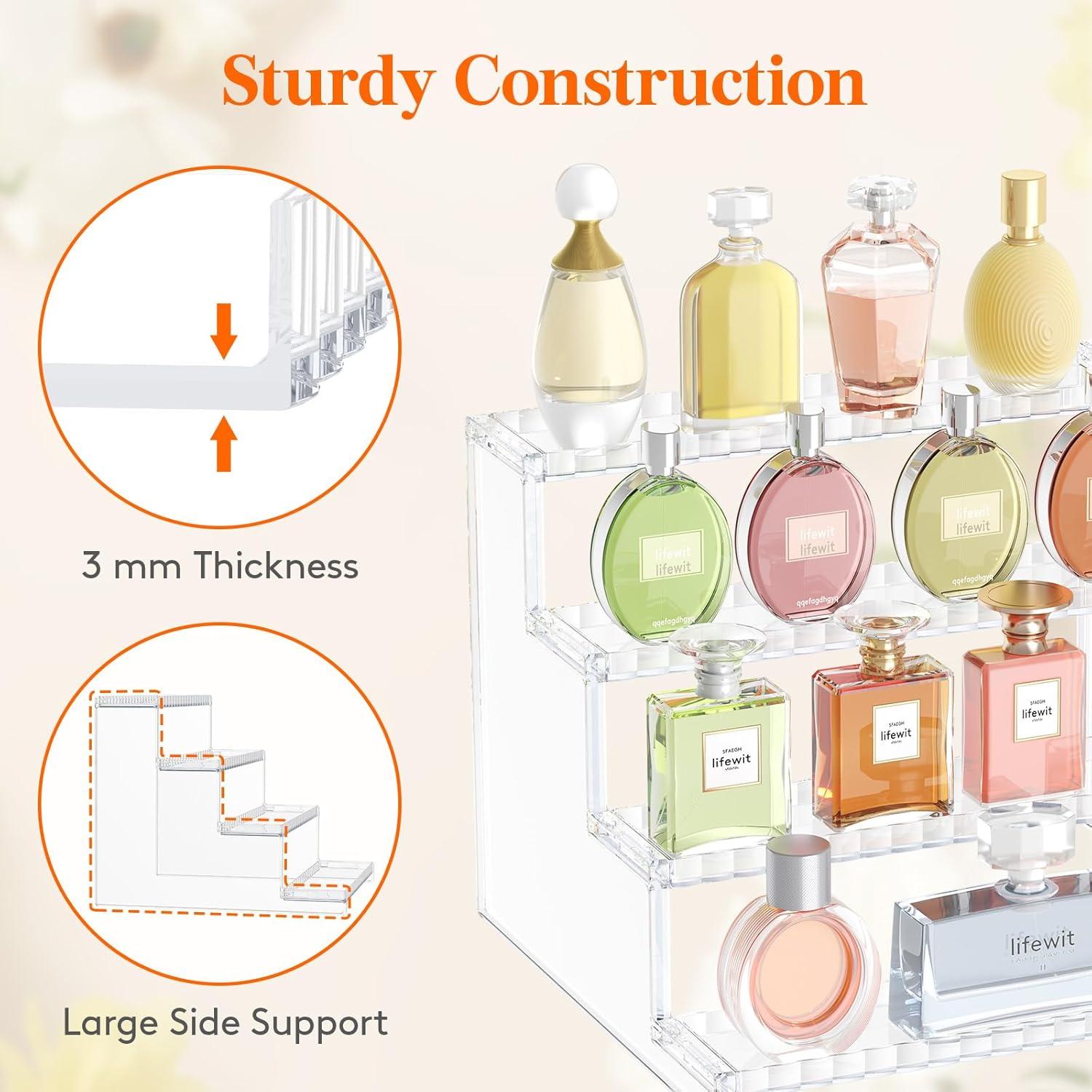 Lifewit 4 Tier Clear Display Risers Stand With Decorative Fences, Plastic 12 Inch Perfume Organizer, Display For Figures, Cupcake, Dessert, Desktop Stand For Organization And Decor, 1 Pack