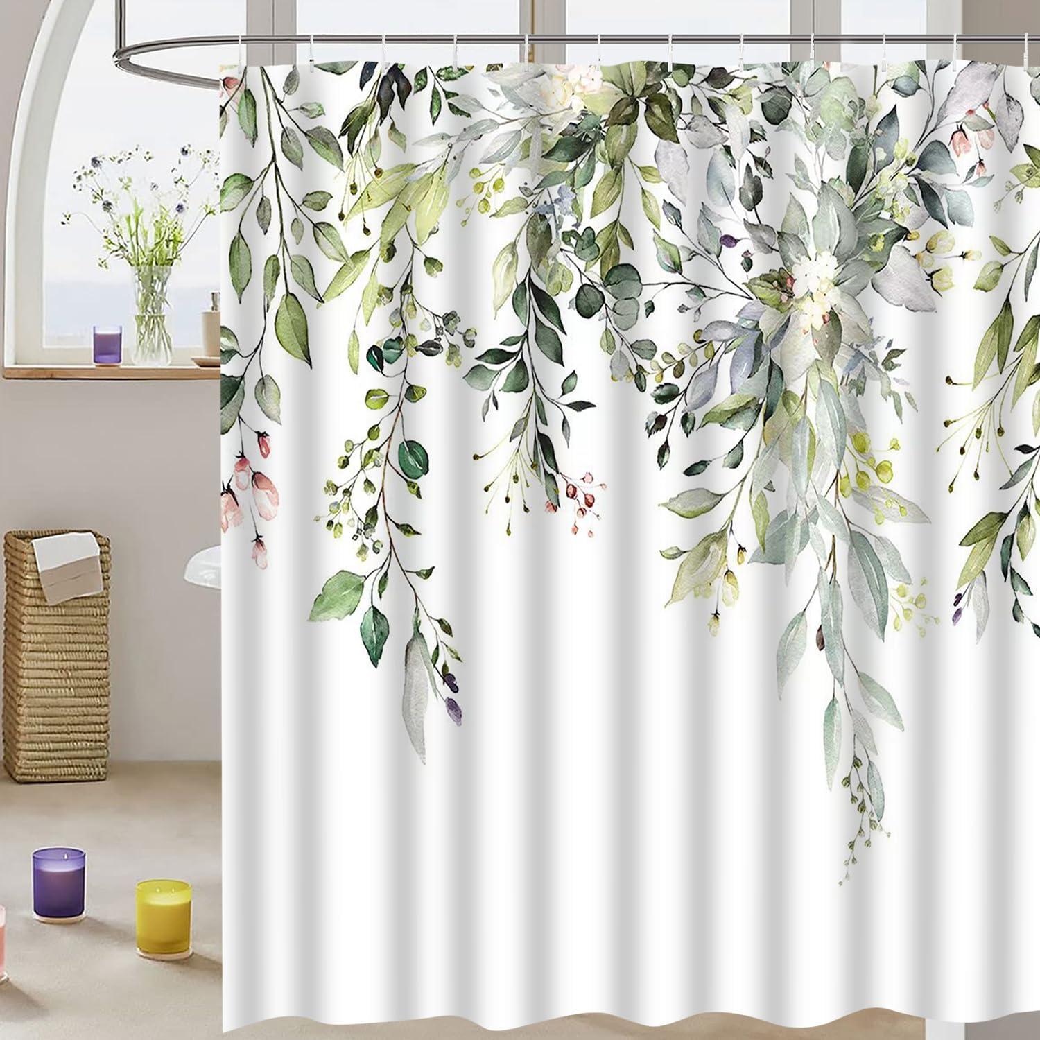 Eucalyptus Watercolor Leaves Semi-Sheer Waterproof Shower Curtain