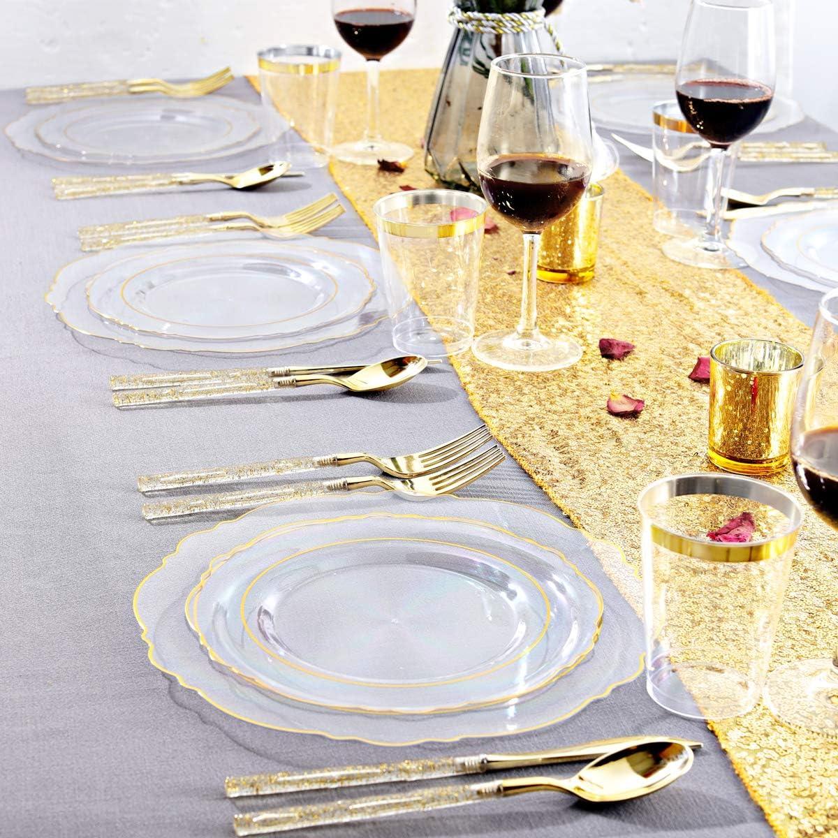 Elegant Clear Gold Baroque Disposable Plastic Plates and Cutlery Set