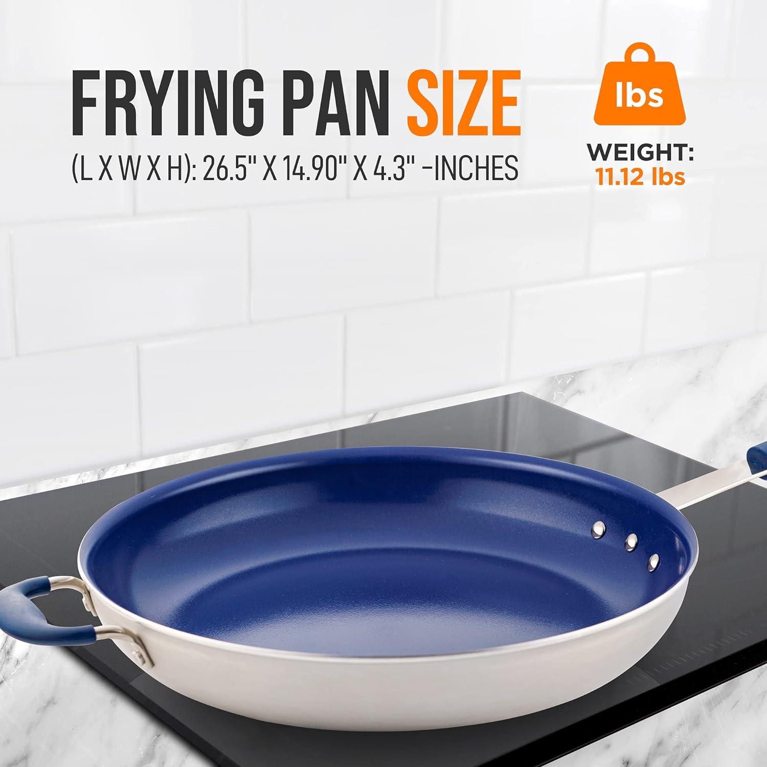 NutriChef 14" Extra Large Fry Pan - Skillet Nonstick Frying Pan with Silicone Handle, Ceramic Coating, Blue Silicone Handle