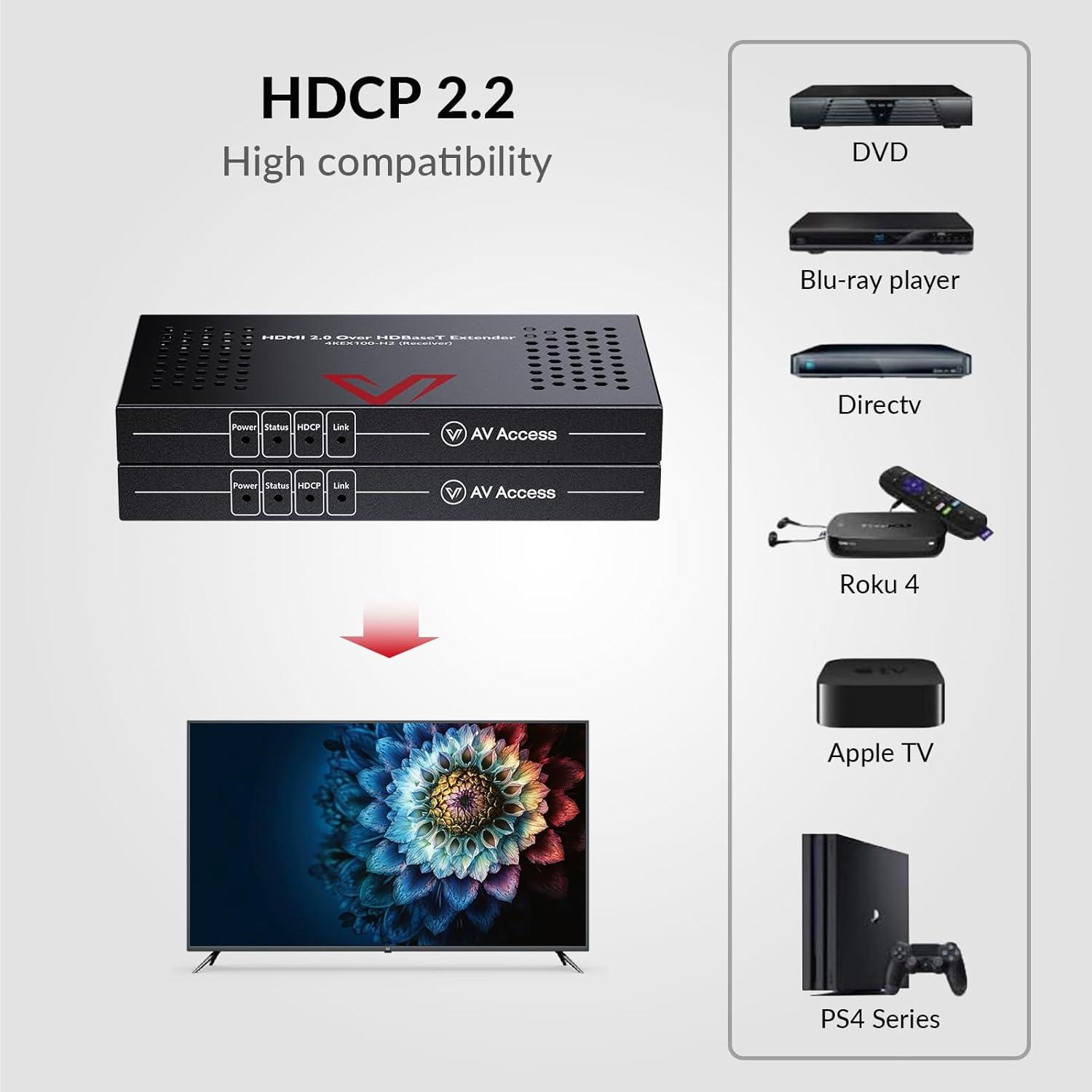 AV Access HDBaseT 4K HDMI Extender Over Cat5e/6/6a/7 4K@60Hz 130ft, 1080P@60Hz 230ft, HDR10+, HDMI 2.0 YUV4:4:4, UltraHD, HDCP 2.2, 18Gbps, Plug & Play, IR Return & PoE, Smart EDID(4KEX70-H2)