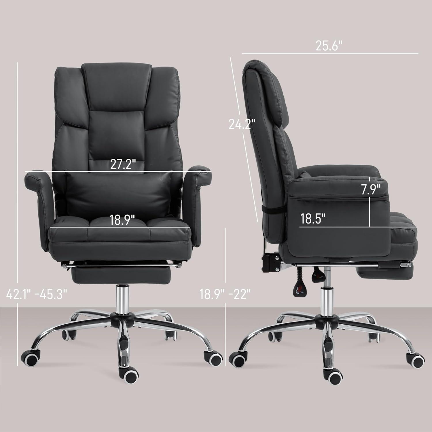 HOMCOM Executive Office Chair with Footrest and Lumbar Support, PU Leather Office Desk Chair, Ergonomic, Reclining and Swivel Chair, Black