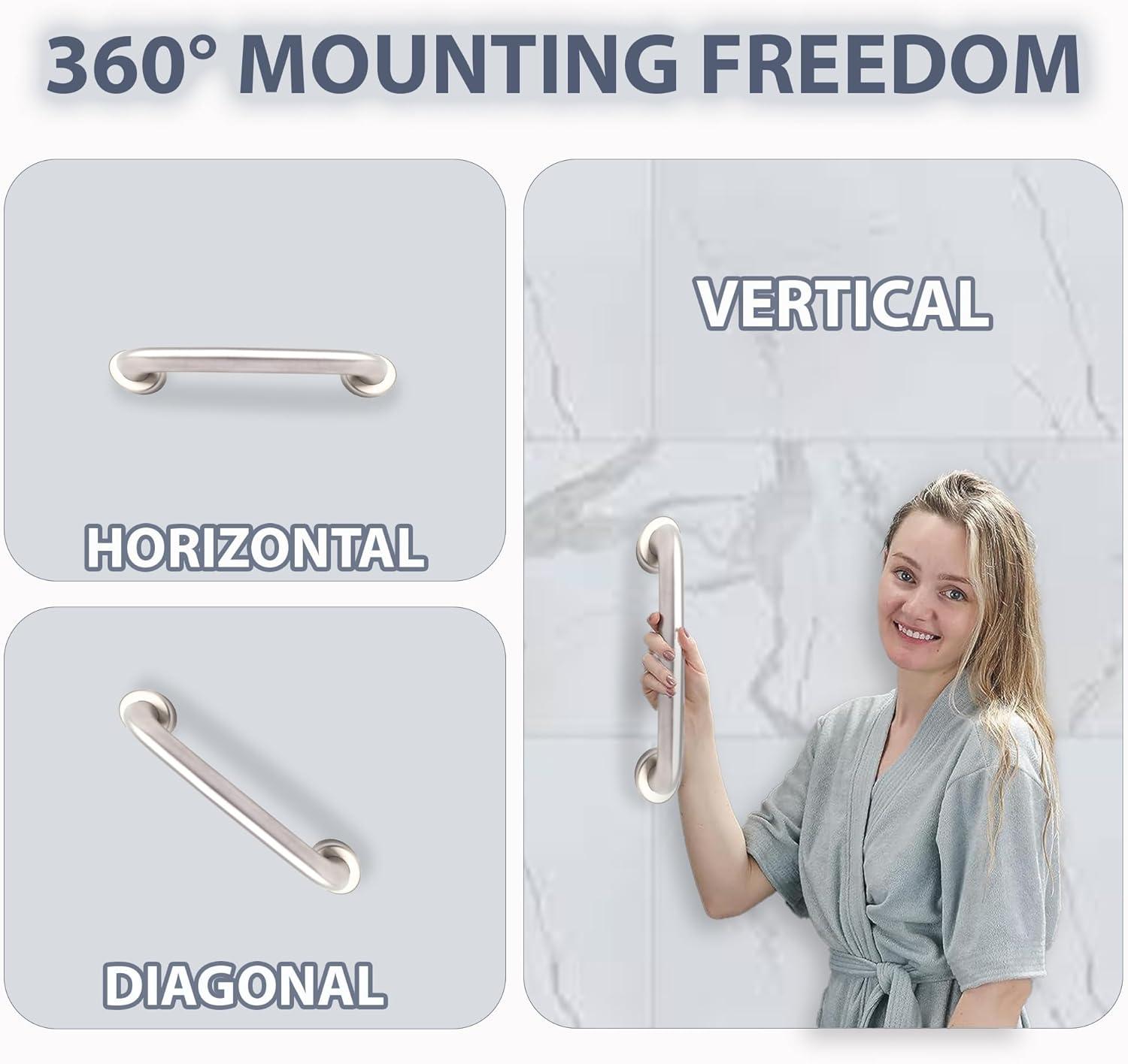 Grab Bar for Bathtub Shower - 1.5" Dia. / Stairs Bed Toilet Bathroom / Stand Assist & Safety Handrail / 304 Stainless Steel / Smooth Grip / 12"