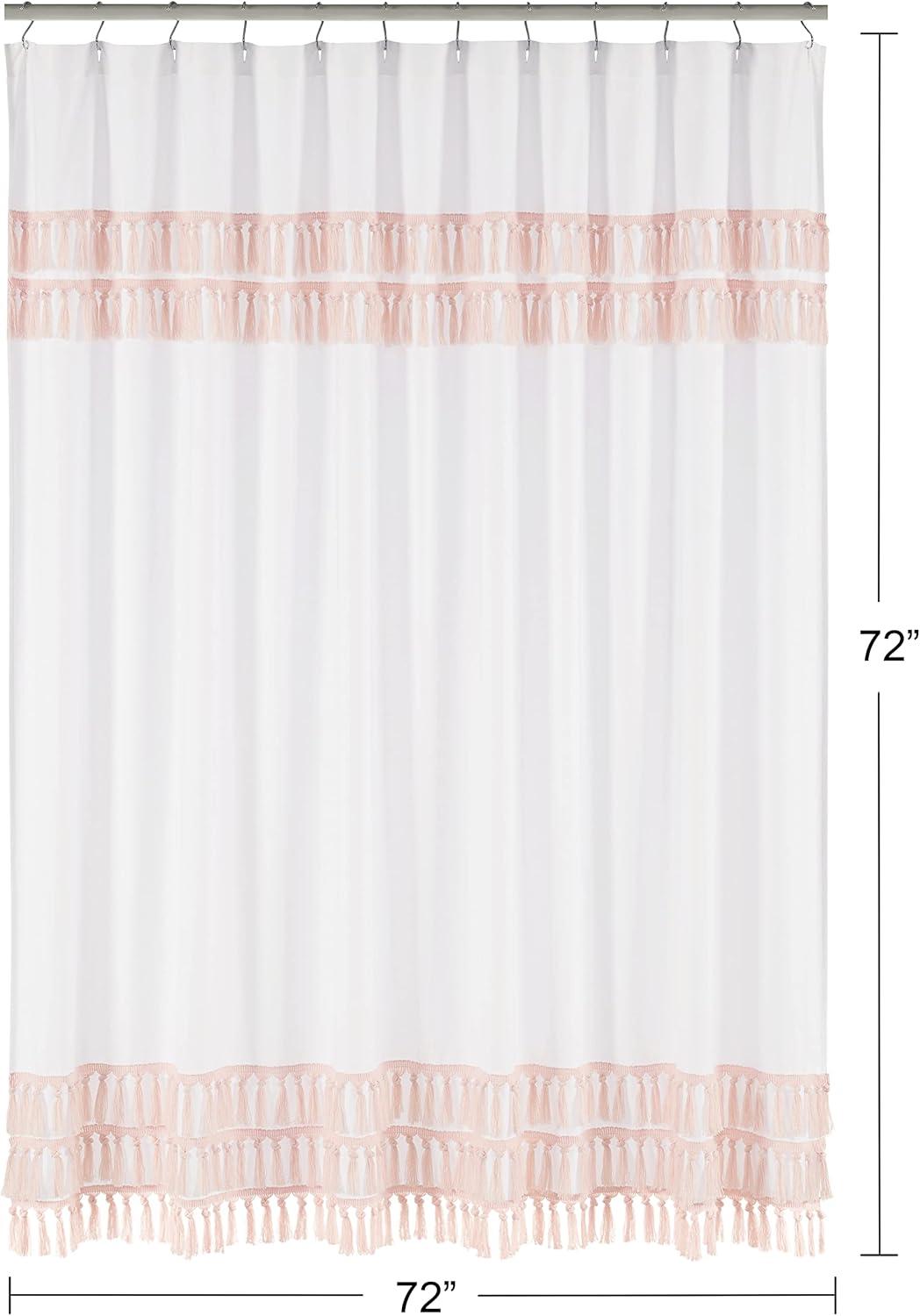 Sweet Jojo Designs Fabric Shower Curtain 72in.x72in. Boho Fringe White and Pink