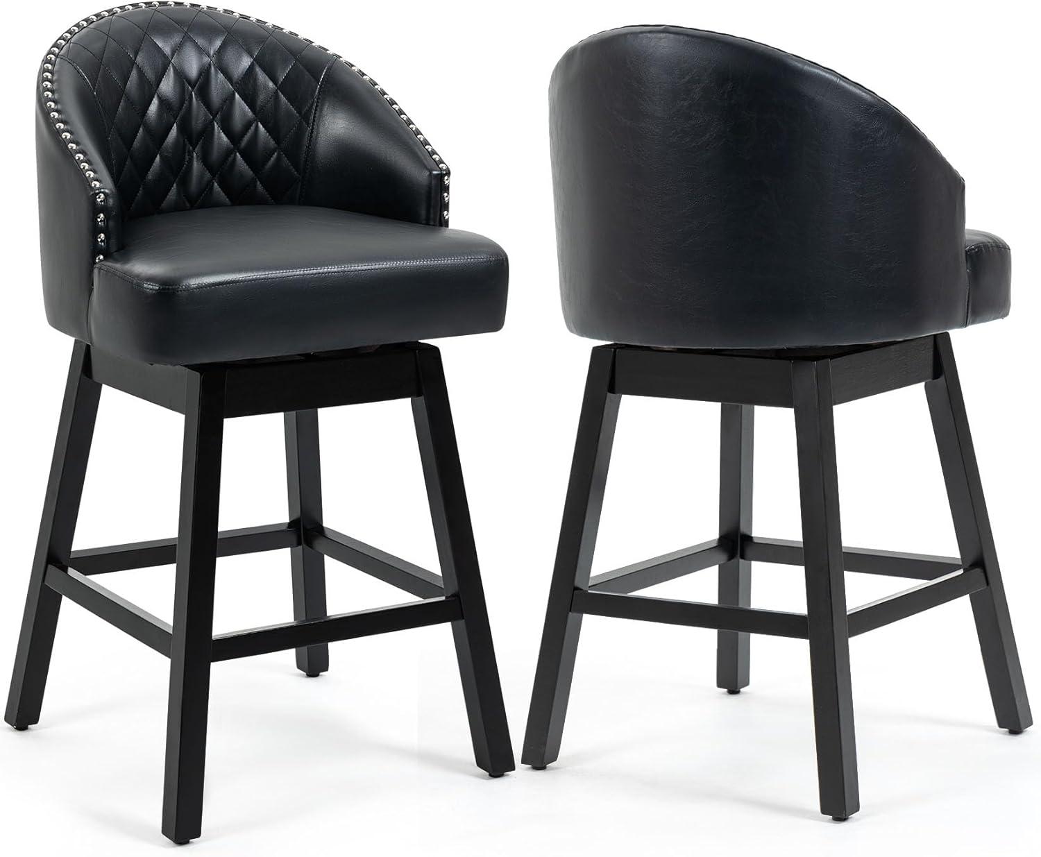 ECOTOUGE Swivel Barstools Set of 2, 29" Seat Height Bar Stools with Back & Rubber Wood Legs, PU Leather Counter Stools for Kitchen Island, Dining Room, Pub & Cafe (2PCS,Black)
