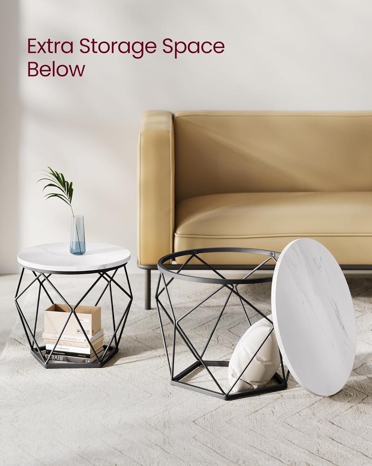 VASAGLE Small Coffee Table Set of 2, Round Coffee Table with Steel Frame, Side End Table for Living Room, Bedroom, Office, Marble White and Ink Black