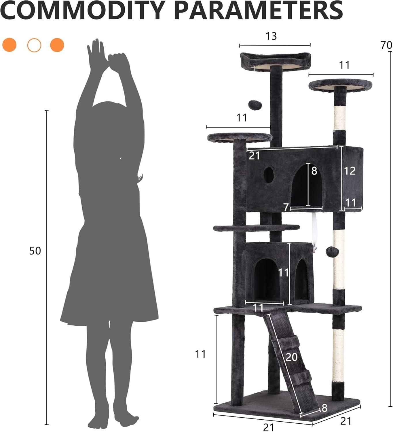 FDW 70in Cat Tree Tower for Indoor Cats,Munlti-Level Cat Furiture Activity Center with Cat Scratching Posts for Kittens Pet Play House,Dark Gray
