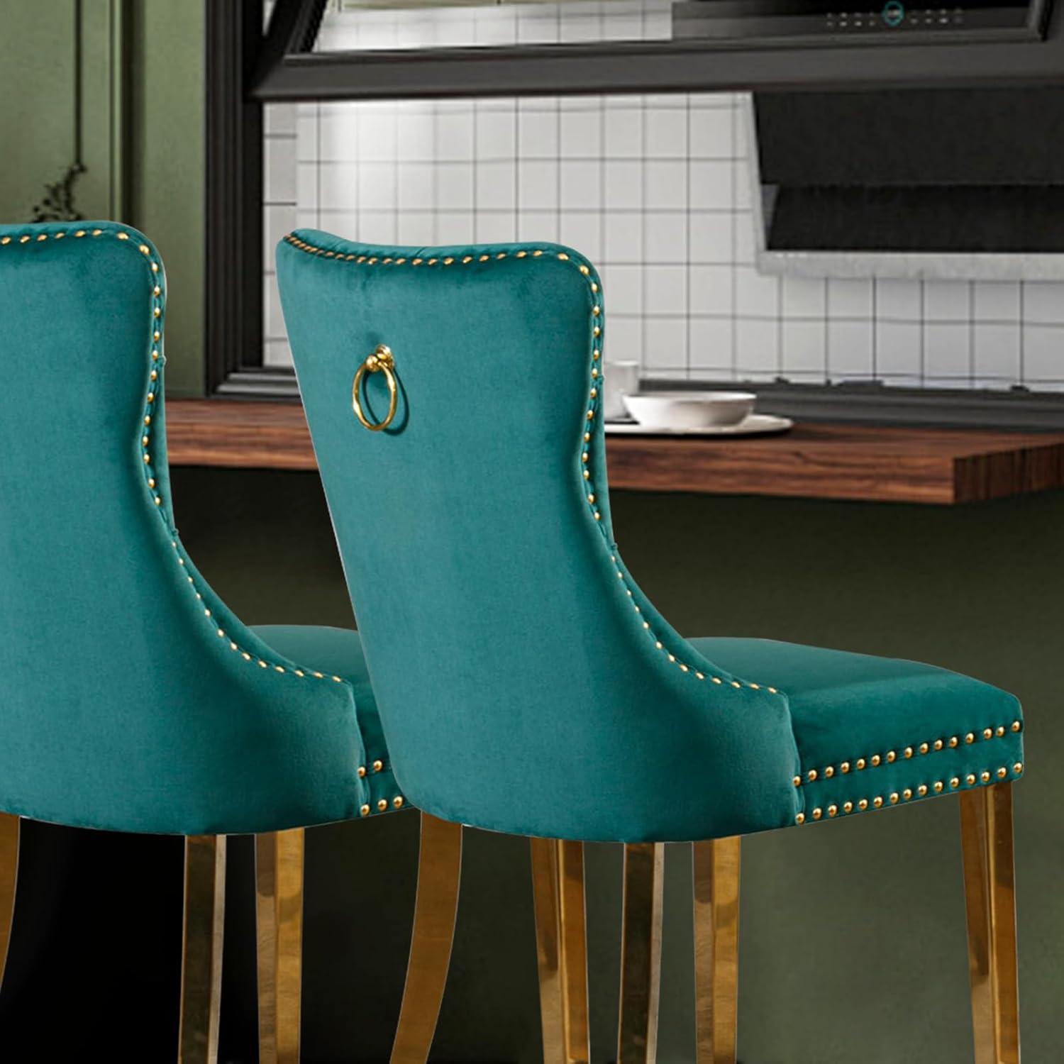 ODUSE-DAILY Green Velvet Dining Chairs Set of 4, Kitchen & Dining Room Chairs, Nailheads Tufted, Sillas De Comedor, Fabric Upholstered, Golden Metal Legs (Green, 4 Pcs)