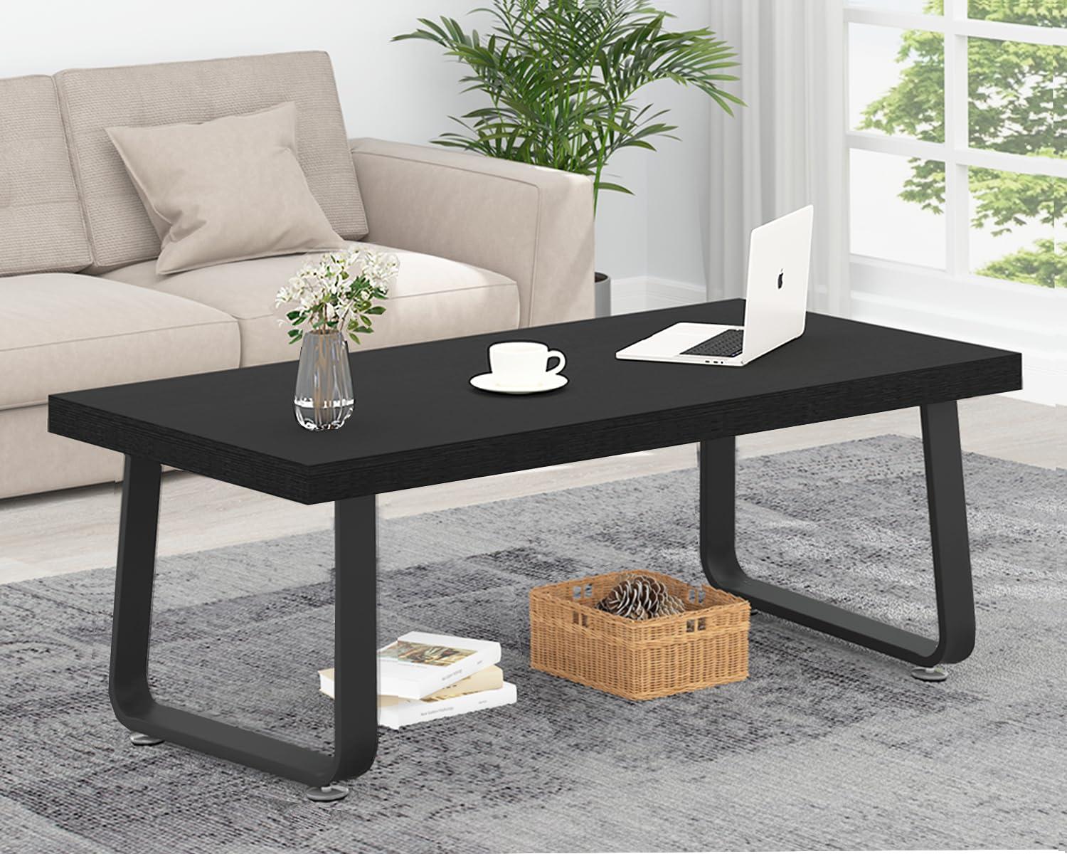 Latitude Run® Black Coffee Table, Industrial Wood And Metal Legs Center Table, Black Oak, 47 Inch