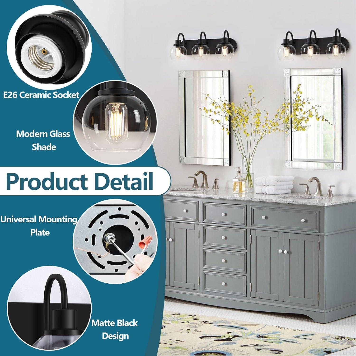 Modern 2-Light Vanity Light, Bathroom Lighting Fixture Over Mirror With Clear Glass Shade and Metal Base, Matte Black Wall Mounted for Bathroom