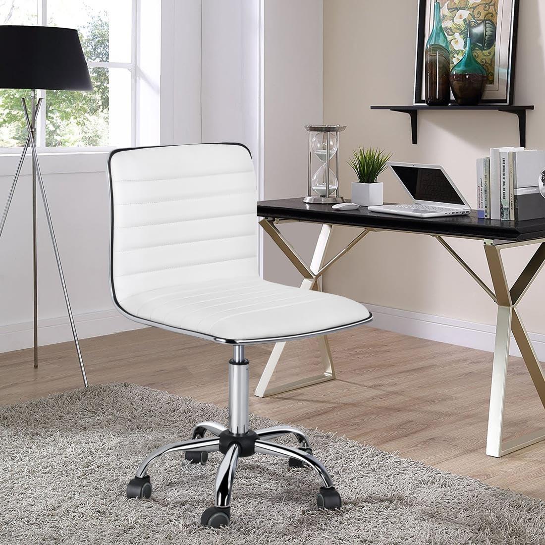 White Leather Armless Swivel Task Chair with Chrome Base