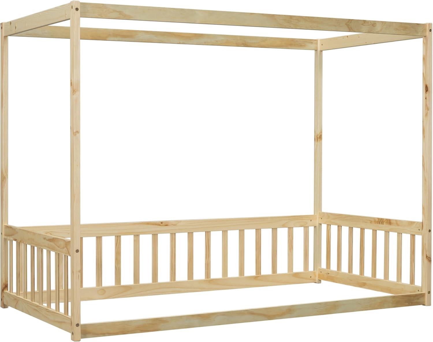 Canopy Frame Twin Size Floor Bed for Kids Bedroom,Wood Bed Frame with Fence for Boys/Girls/Teens,No Box Spring Needed,Natural