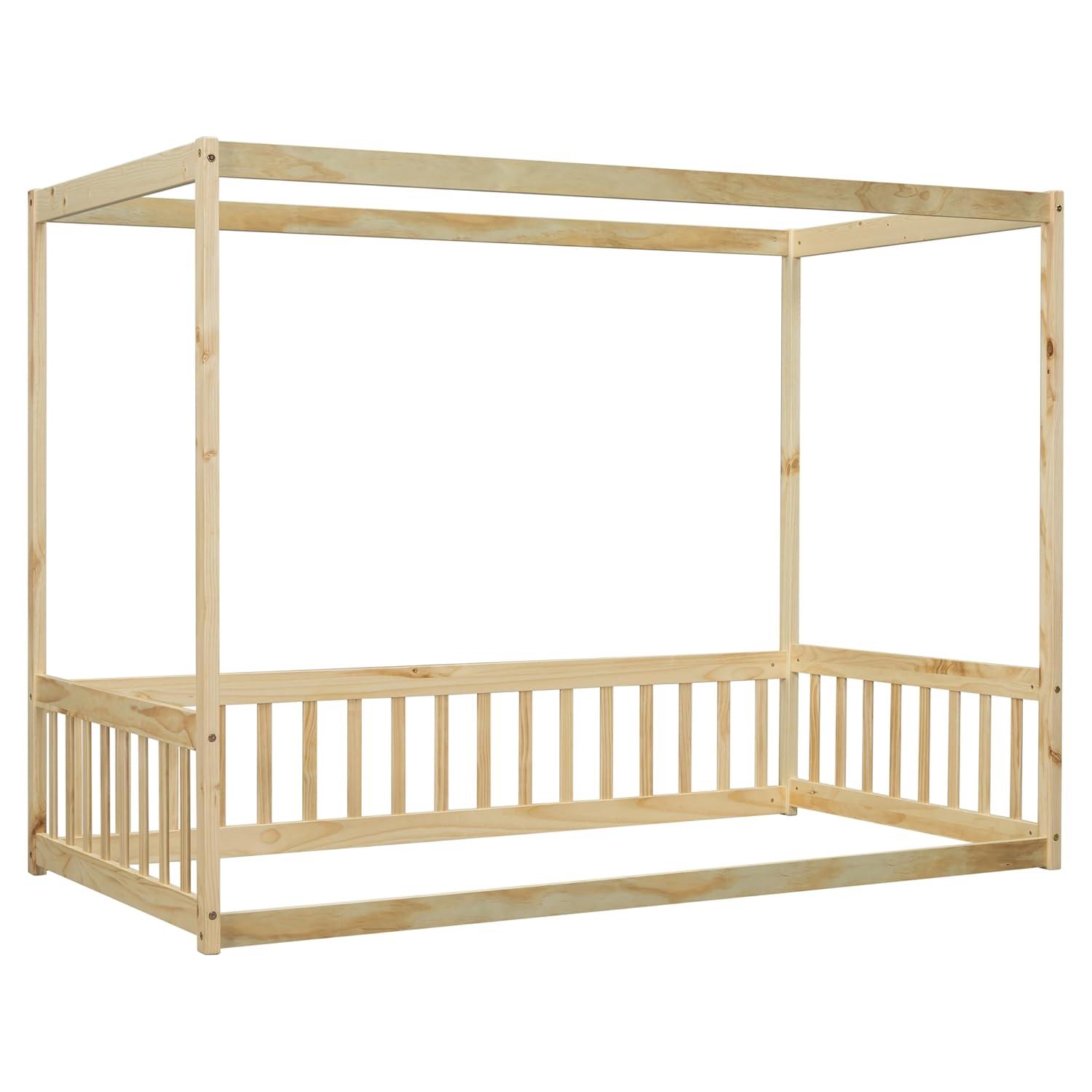 Canopy Frame Twin Size Floor Bed for Kids Bedroom,Wood Bed Frame with Fence for Boys/Girls/Teens,No Box Spring Needed,Natural