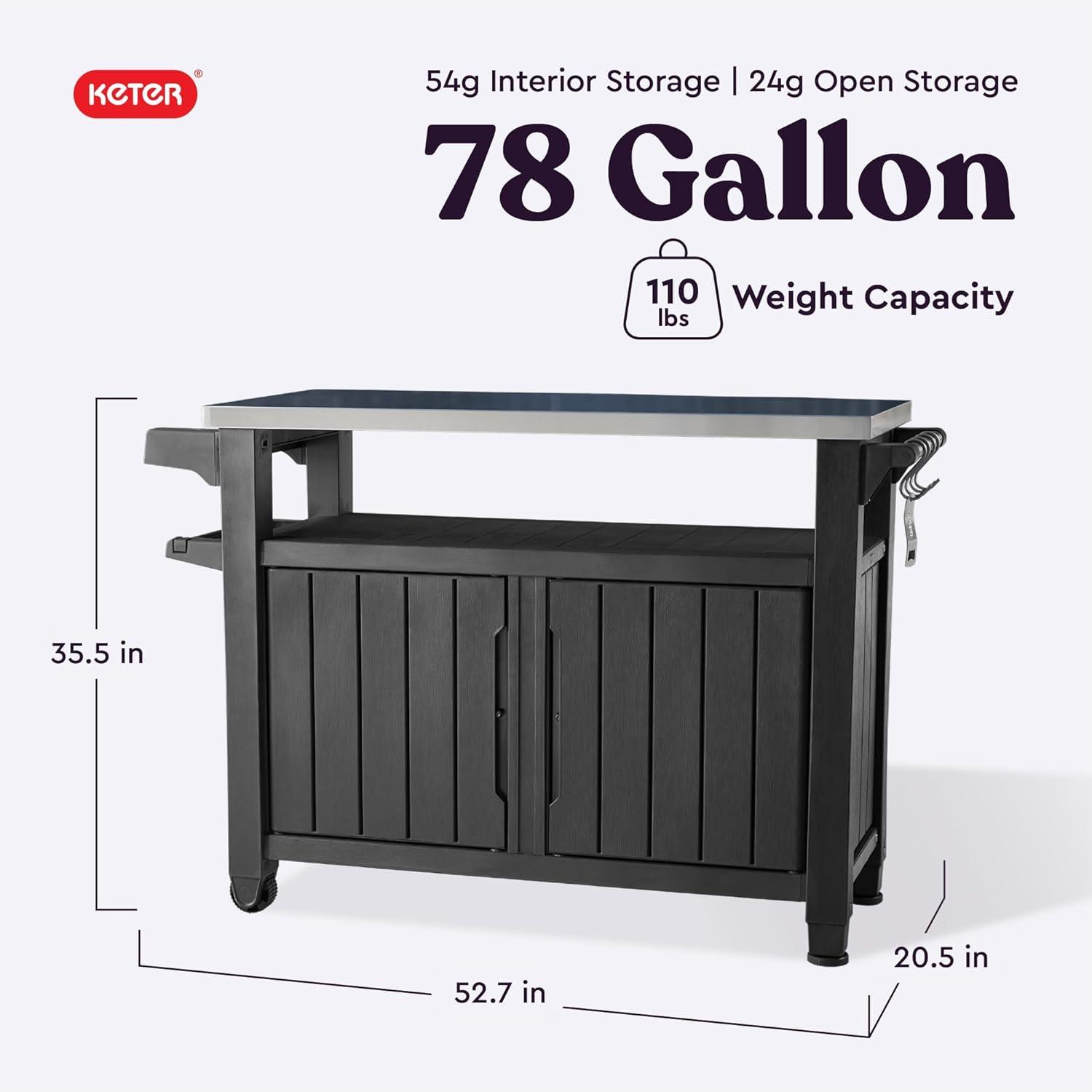 Keter Unity XL Outdoor Durable Kitchen Rolling Bar Cart with Storage Cabinet, Graphite