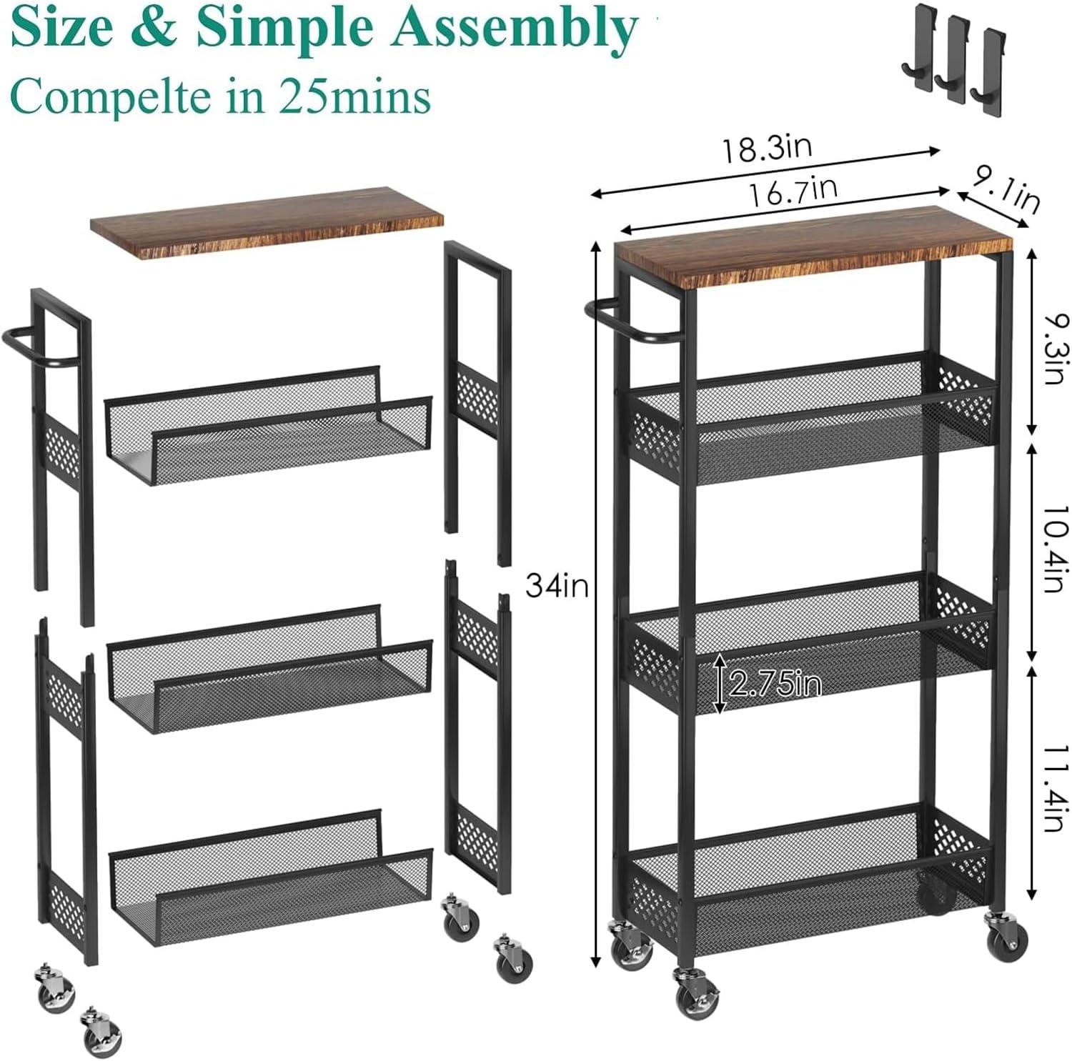 Slim Black Metal and Wood 4-Tier Rolling Kitchen Cart