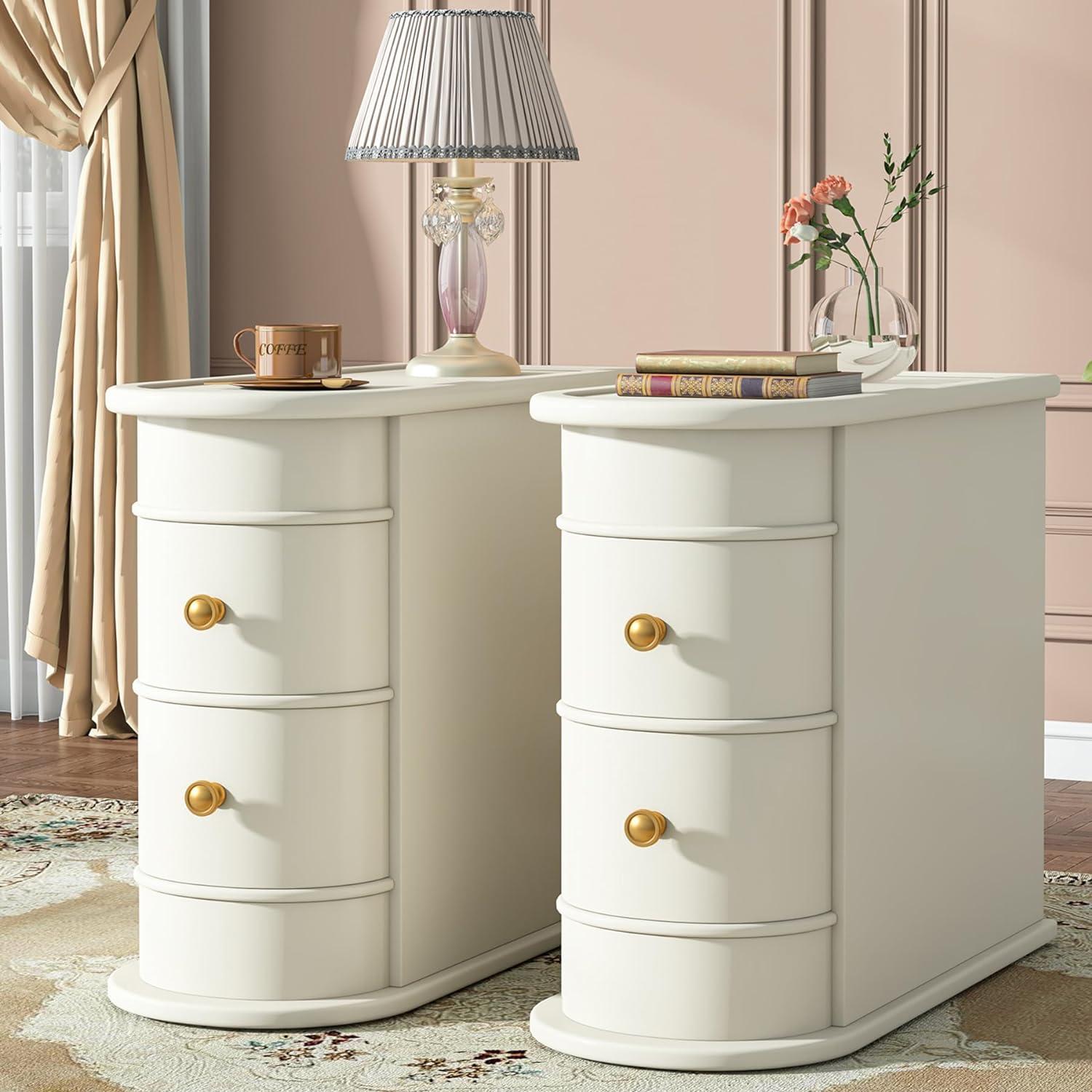 Hommoo Wood Narrow Nightstand with 2 Drawers Off-White