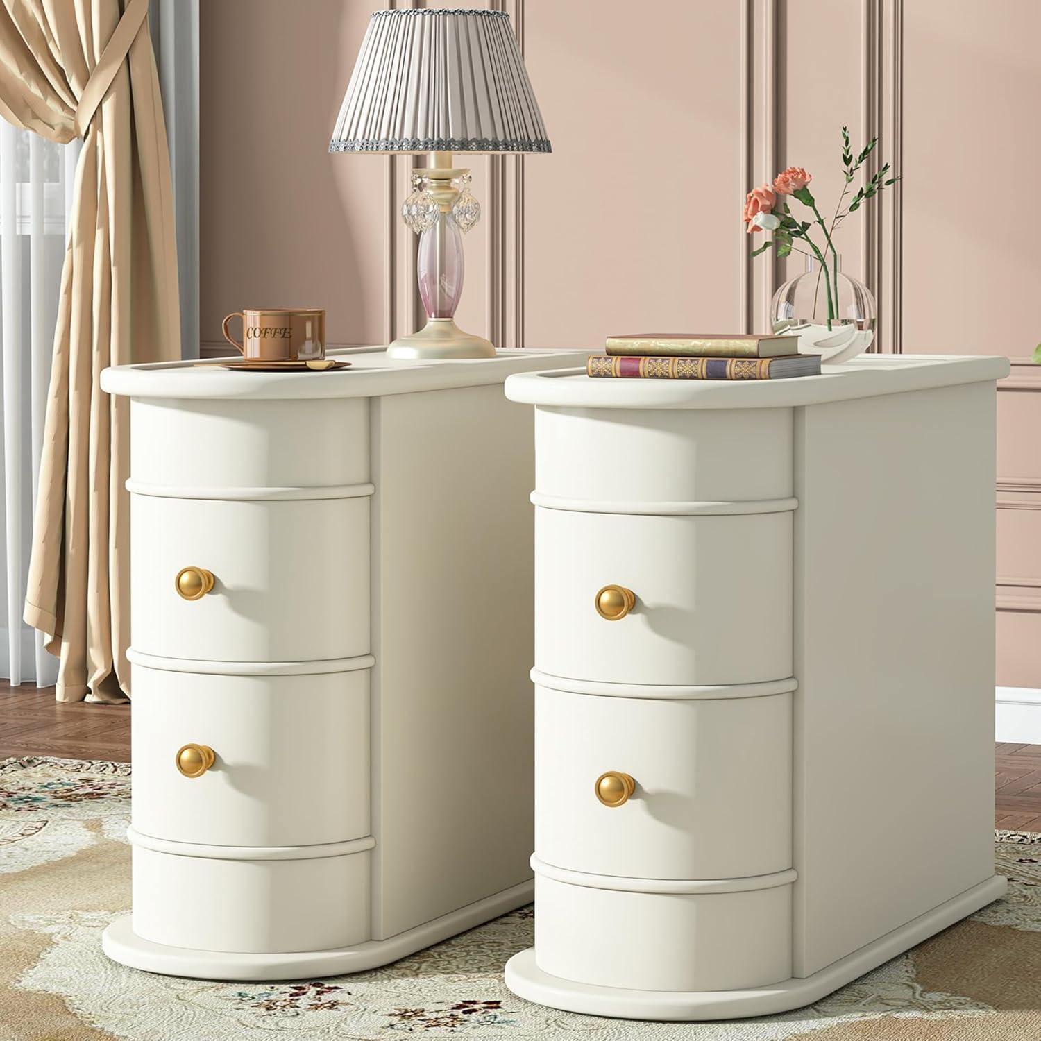 Hommoo Wood Narrow Nightstand with 2 Drawers Off-White