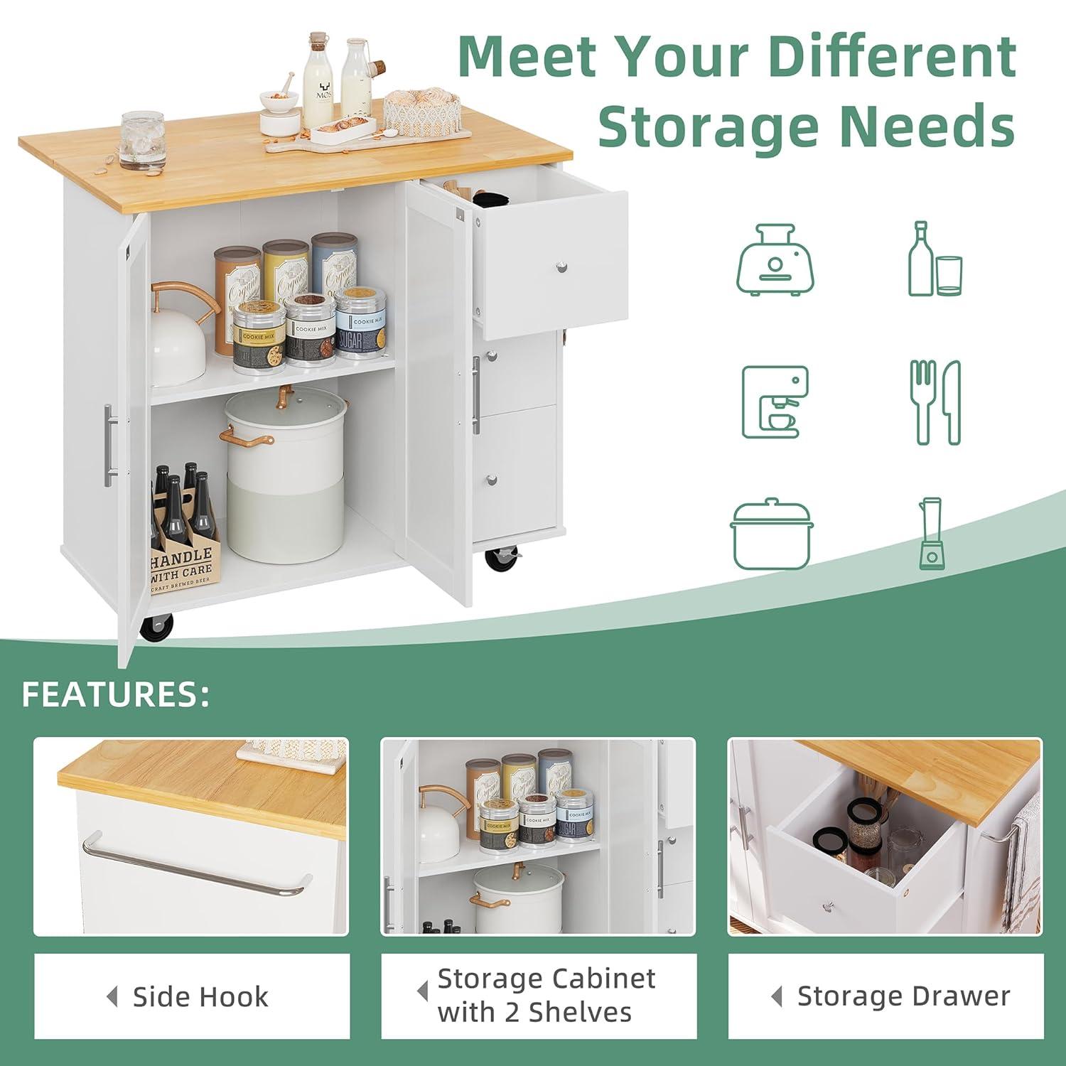Sobaniilo Small Kitchen Island on Wheels with 3-Tier Side Spice Rack and Rubber Wood Top, Trolley Cart with Storage Cabinet & Drawer and Handle/Towel Rack, White