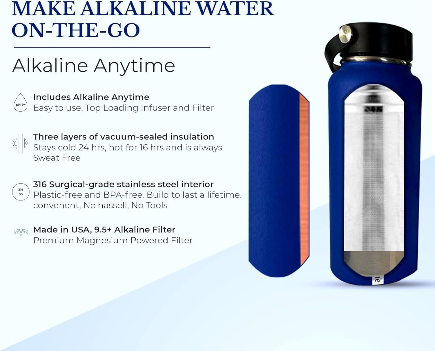 32oz. Alkaline Water Bottle Stainless Steel | Creates pH Water up to 9.5+ pH | Wide Mouth Vacuum Insulated With Handle | Micromesh Pouch and Infuser