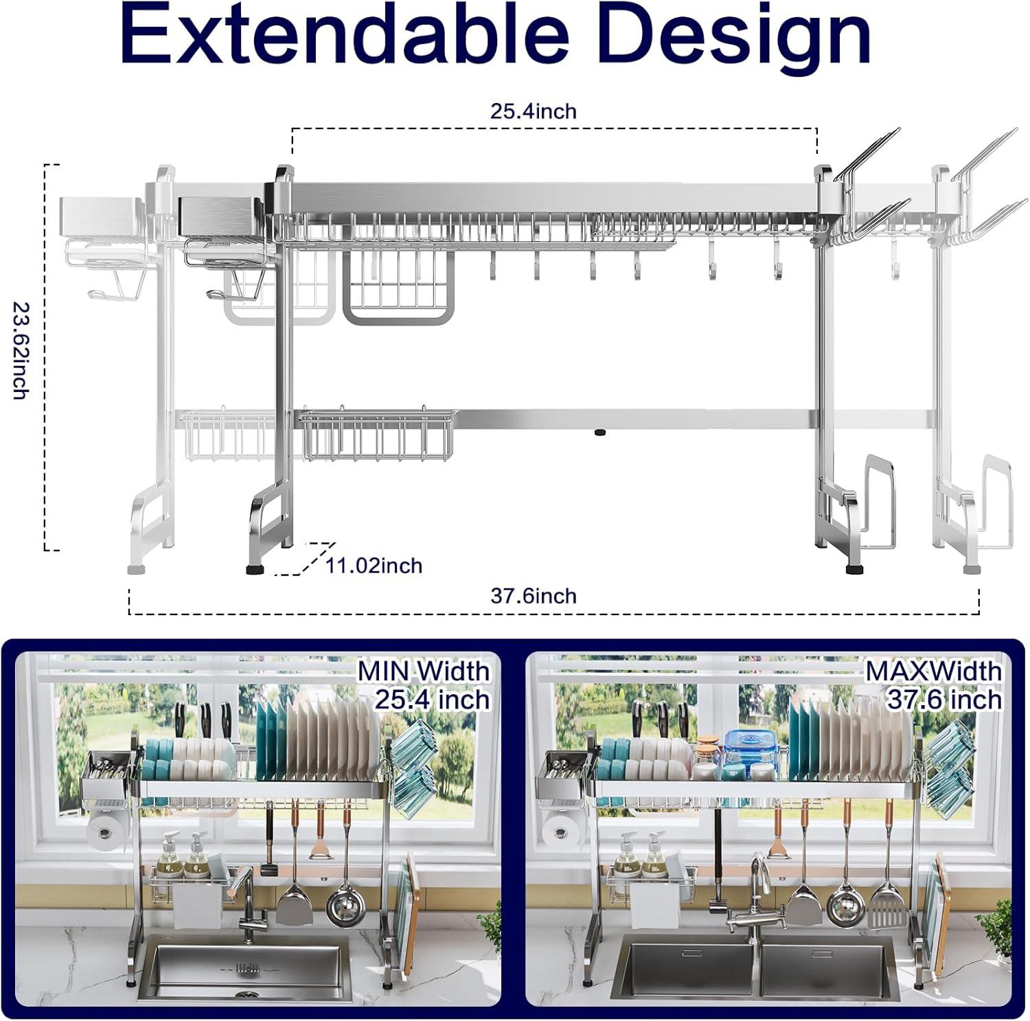 Adjustable Stainless Steel Two-Tier Over-Sink Dish Rack with Utensil Cup