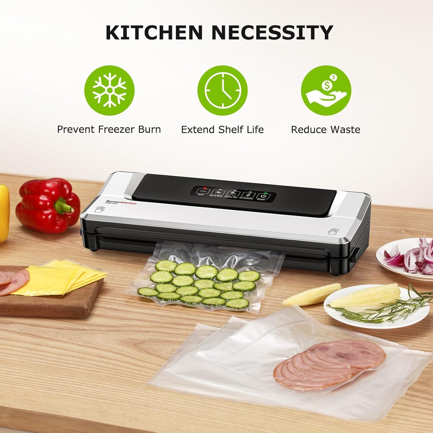 Bonsenkitchen Multi-Functional Food Vacuum Sealer with Globefish Technology for High-Speed Continuous Working, Vacuum Bags & Accessory Hose, Black