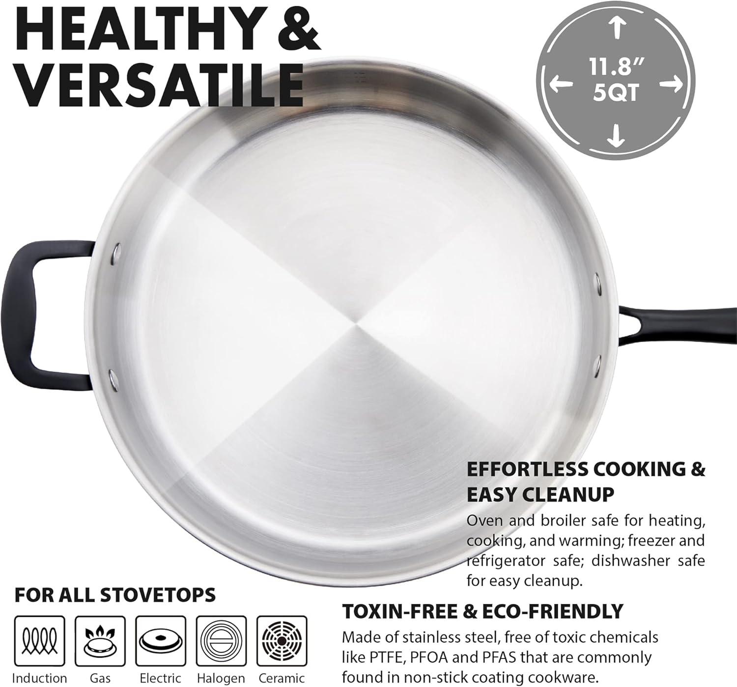 GrandTies 12 Inch Tri-Ply Stainless Steel Saute Pan with Lid