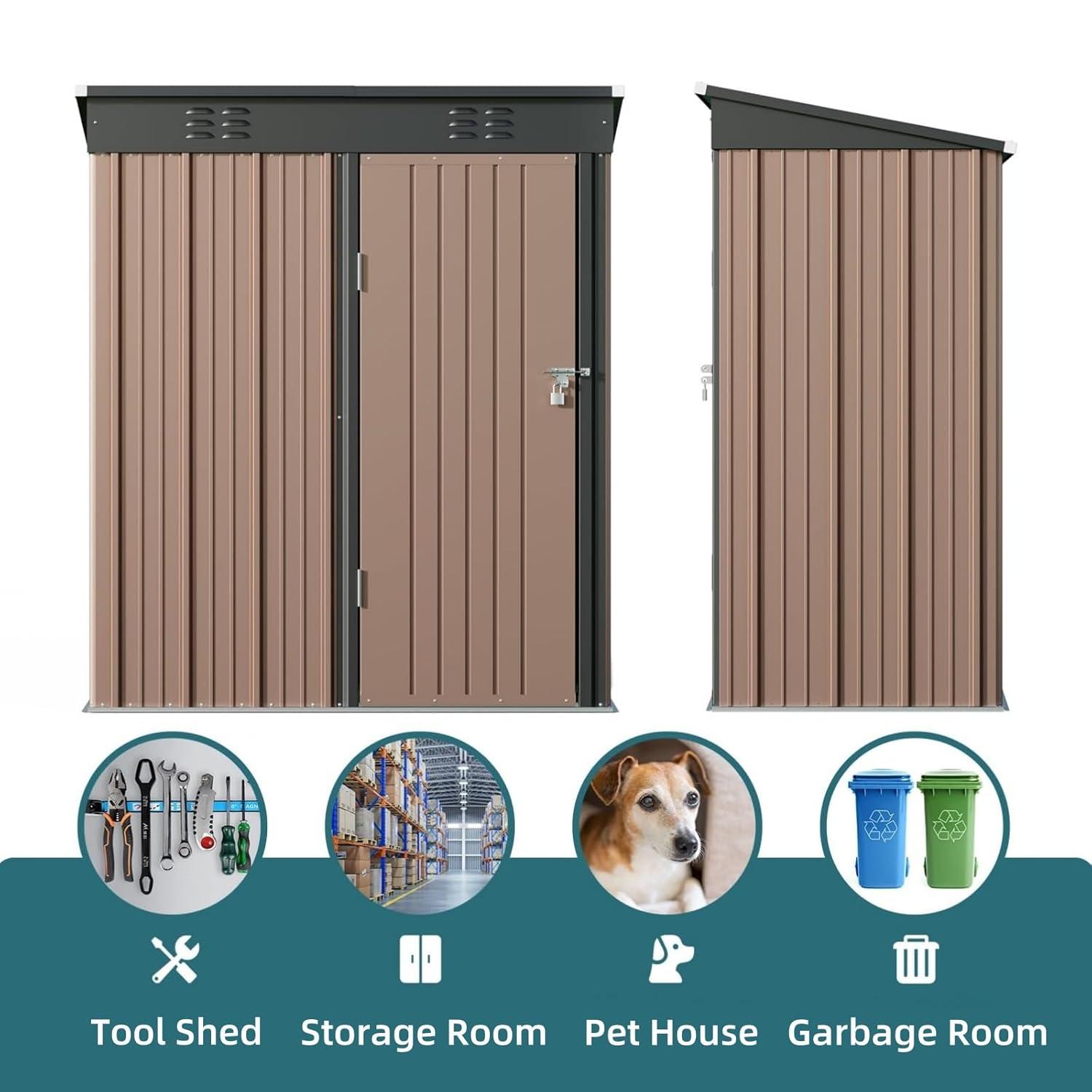 Bealife Outdoor Storage Shed Clearance, Metal Outdoor Storage Cabinet, Waterproof Tool Shed, Lockable Backyard Sheds for Garden, Patio and Lawn (Brown, 5' x 3')