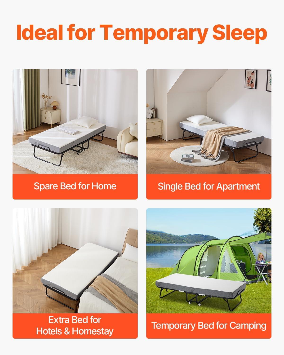 VEVOR Rollaway Bed, 31 in x 75 in Folding Bed with 5 in Mattress, Twin Size Foldable Bed with Sturdy Metal Frame & Memory Foam Mattress, Portable Twin Roll Away Bed with Mattress, for Adults, Guest