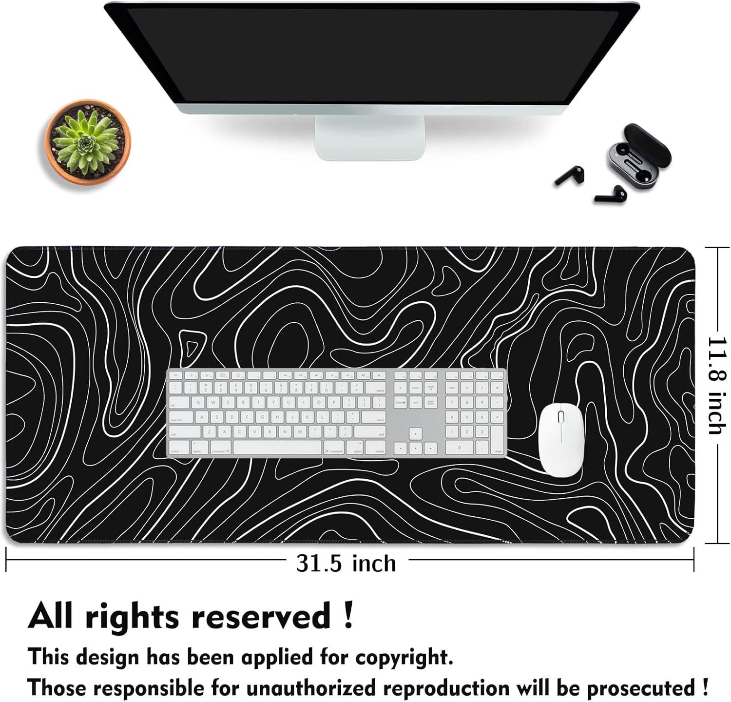 Mouse Pad Gaming Mousepad 31.5 x 11.8in Large Mouse Pad for Keyboard and Mouse with Anti-Slip Rubber Base, Keyboard Pad XL Mouse Mat for Home and Office（Black with White Topographic Line）