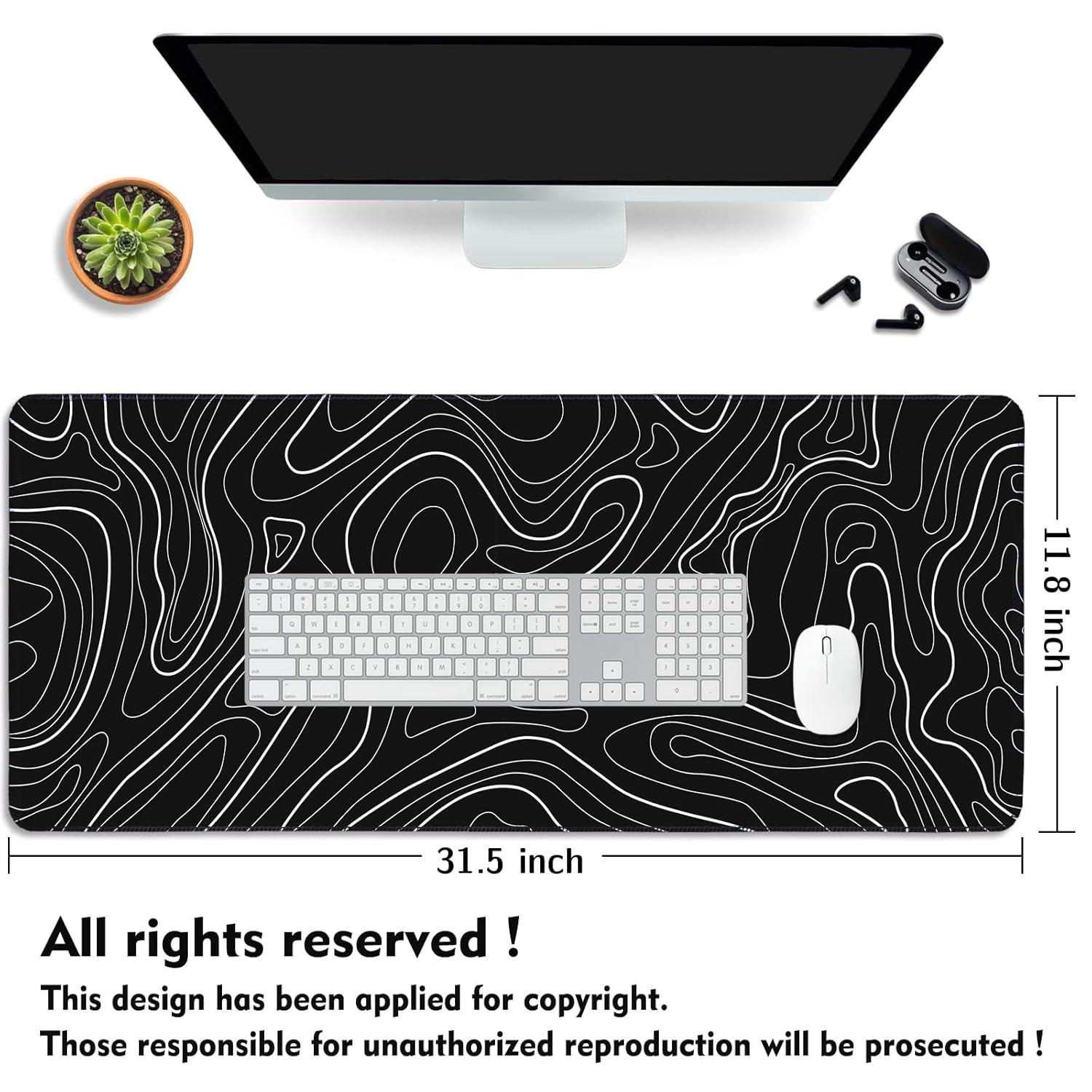 Mouse Pad Gaming Mousepad 31.5 x 11.8in Large Mouse Pad for Keyboard and Mouse with Anti-Slip Rubber Base, Keyboard Pad XL Mouse Mat for Home and Office（Black with White Topographic Line）