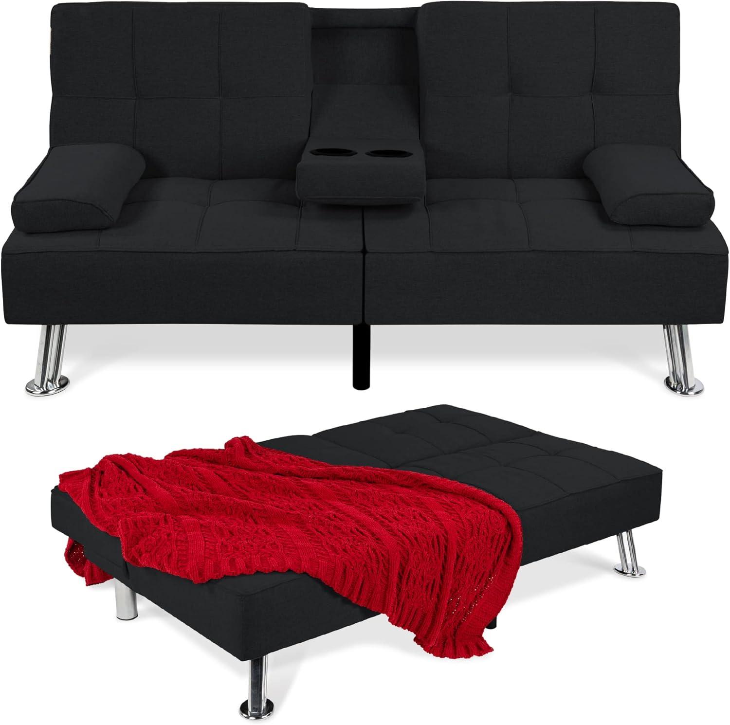 Best Choice Products Modern Linen Convertible Futon Sofa Bed w/ Removable Armrests, Metal Legs, Cupholders - Black