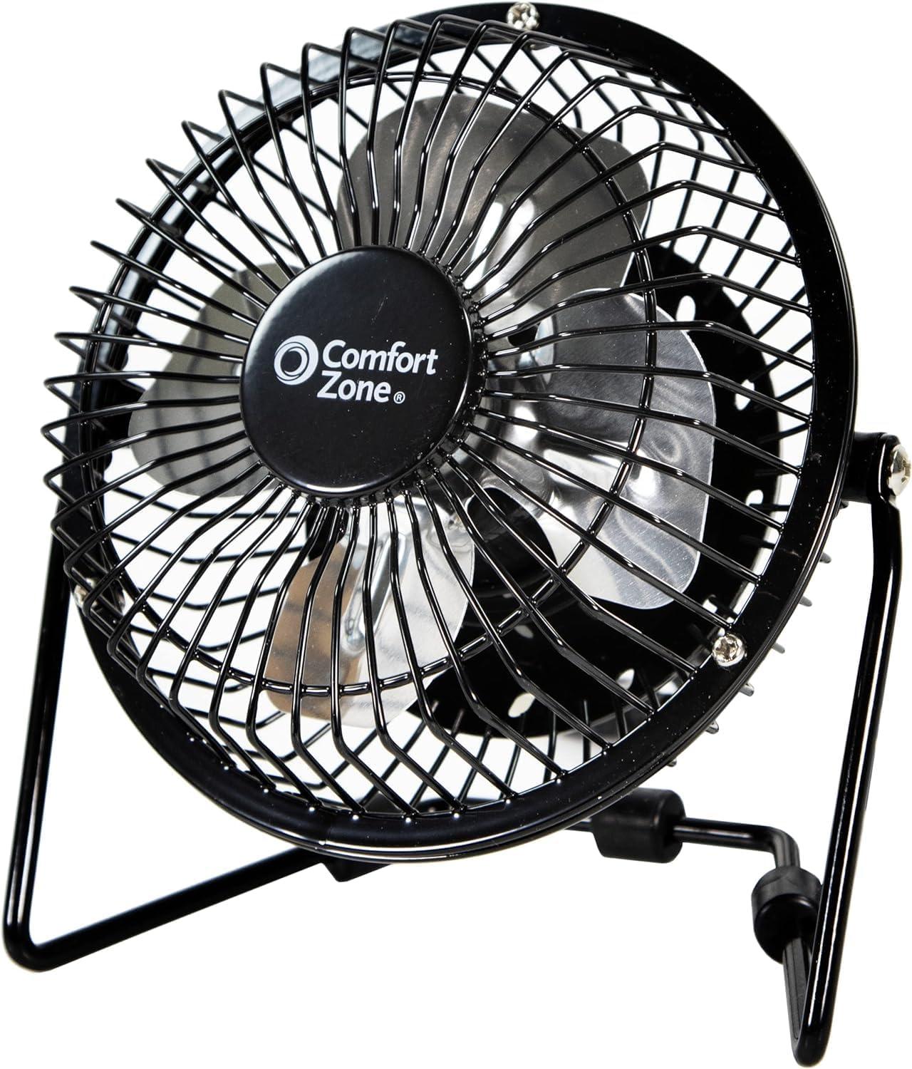 Comfort Zone 4" Mini Portable Desk Fan with 360-Degree Adjustable Tilt, Dual Powered (USB or Power Cord), All-Metal Construction, Airflow 3.31 ft/sec, Ideal for Home, Bedroom & Office, CZHV4BK