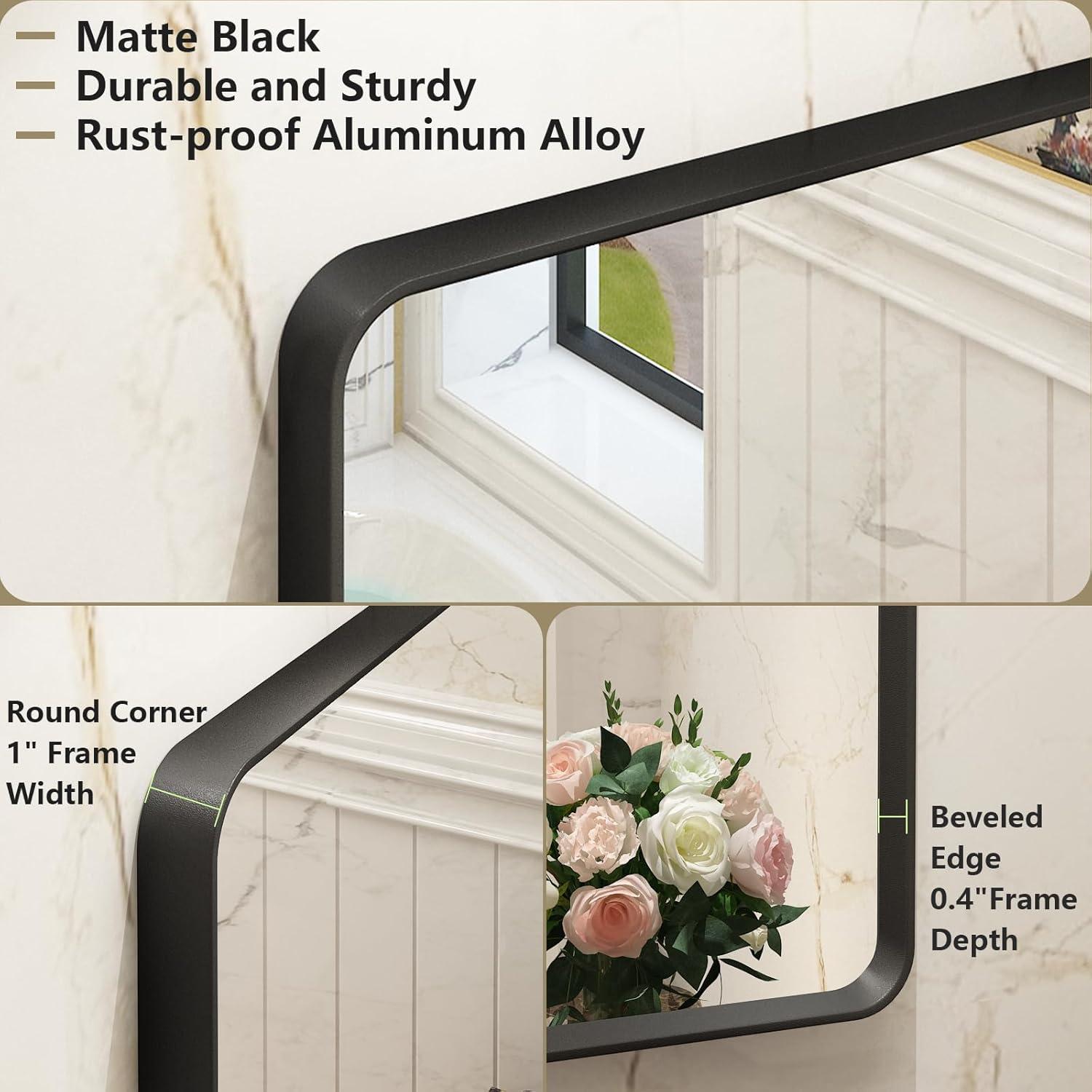 Matte Black Rectangular Aluminum Framed Bathroom Mirror, 30" x 22"