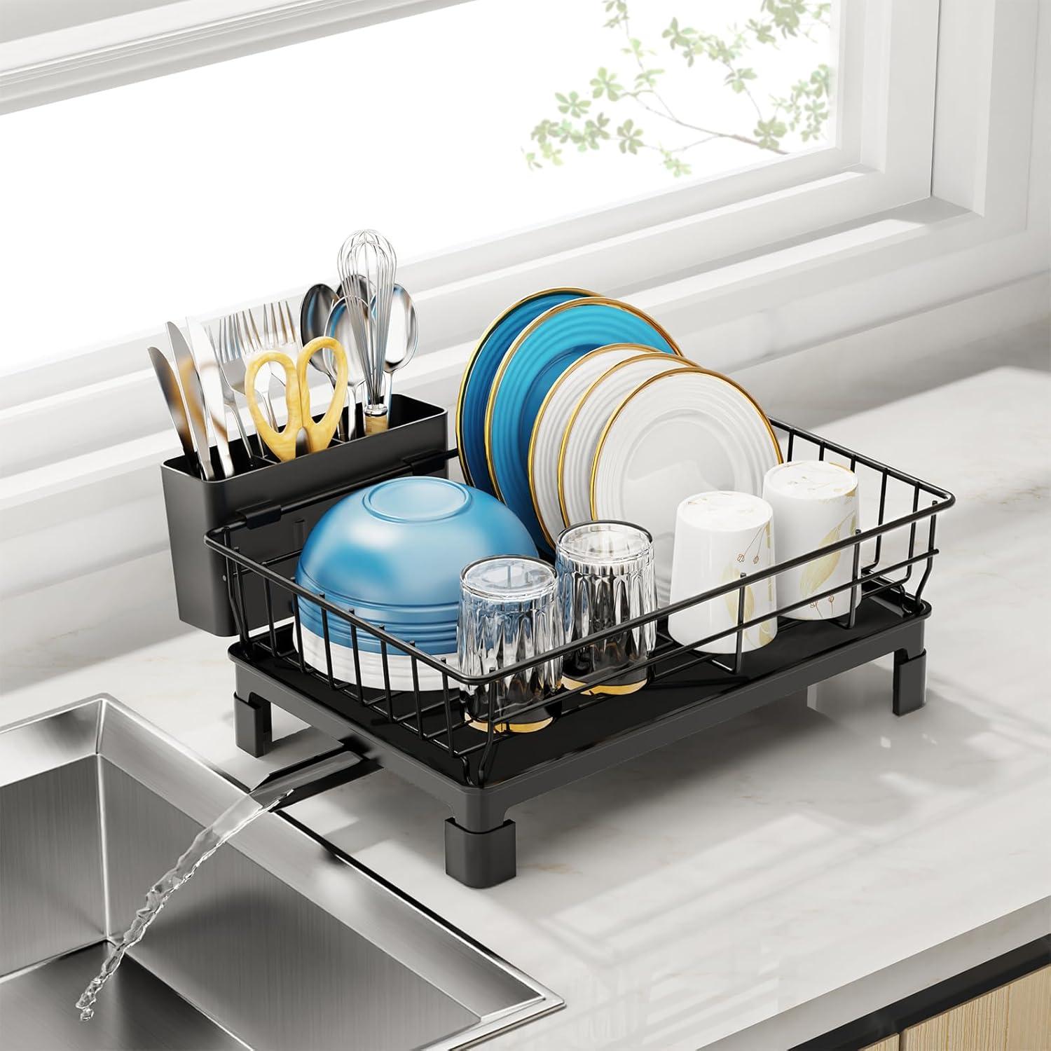 iSPECLE Rejilla para Secar Platos con Escurridor - Rejillas para Platos para Encimera de Cocina, Escurridor de Platos Compacto Resistente a la Oxidación con Soporte para Utensilios, Pico de Drenaje y Pies Altos en Bandeja de Goteo, Negro