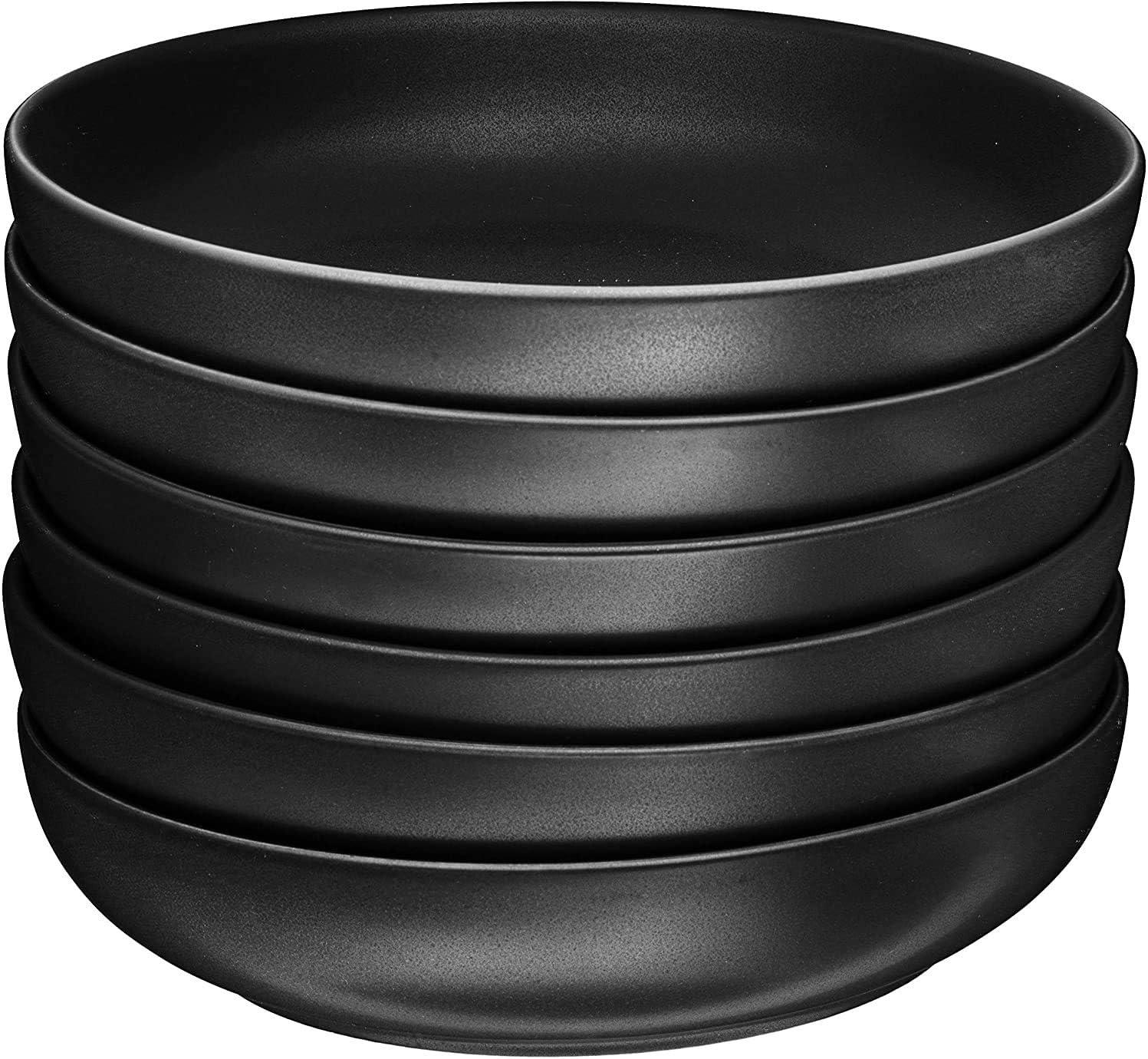Bruntmor Matte Black Bowls Set Of 6 - 24 Oz Ceramic Serving Plates & Porcelain Skillet