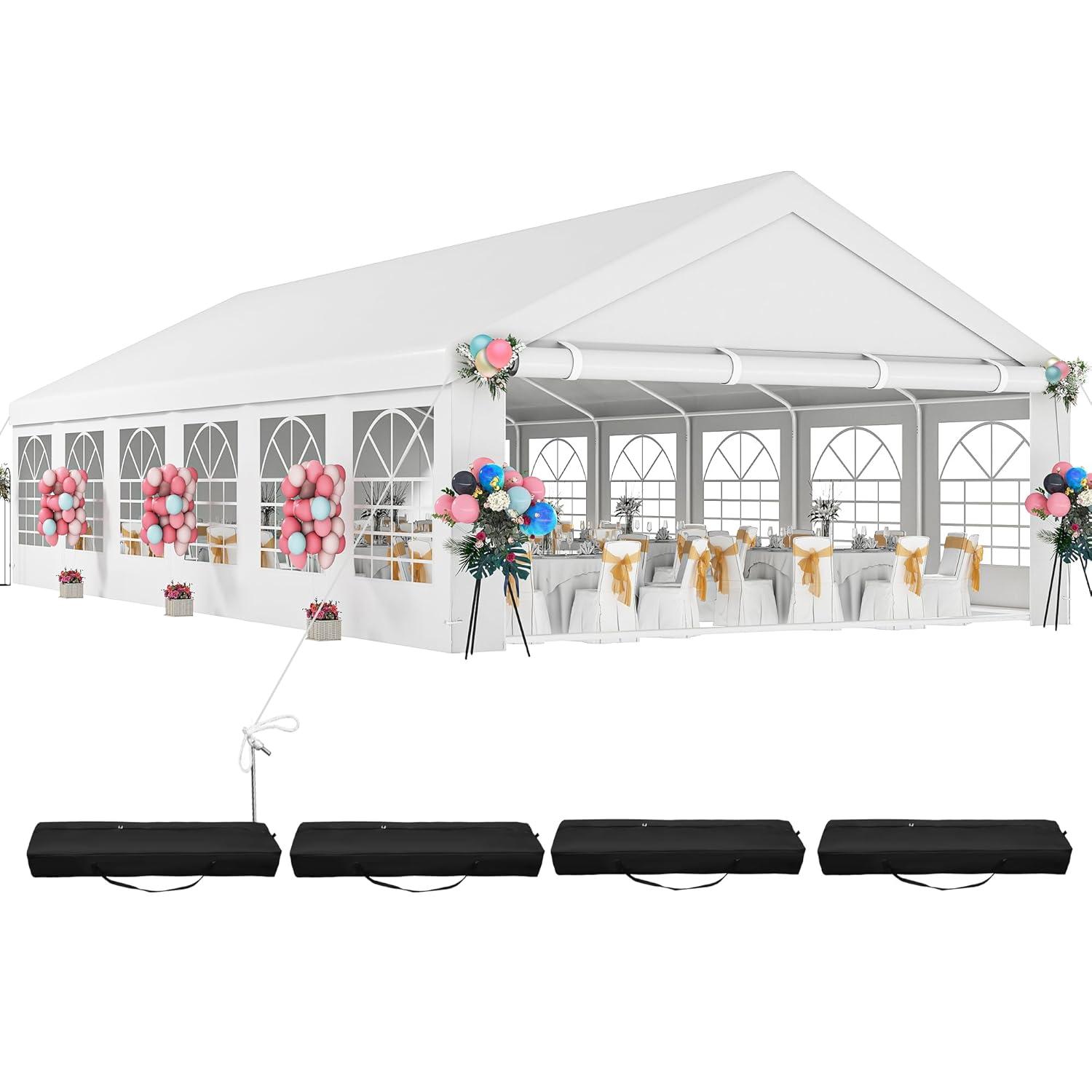 Dextrus 16x32FT Party Tent Heavy Duty PVC Wedding Event Shelters White Upgraded Galvanized Ripple Canopy with Large Roof Removable Sidewalls & 3 Storage Bags 600D Oxford Commercial
