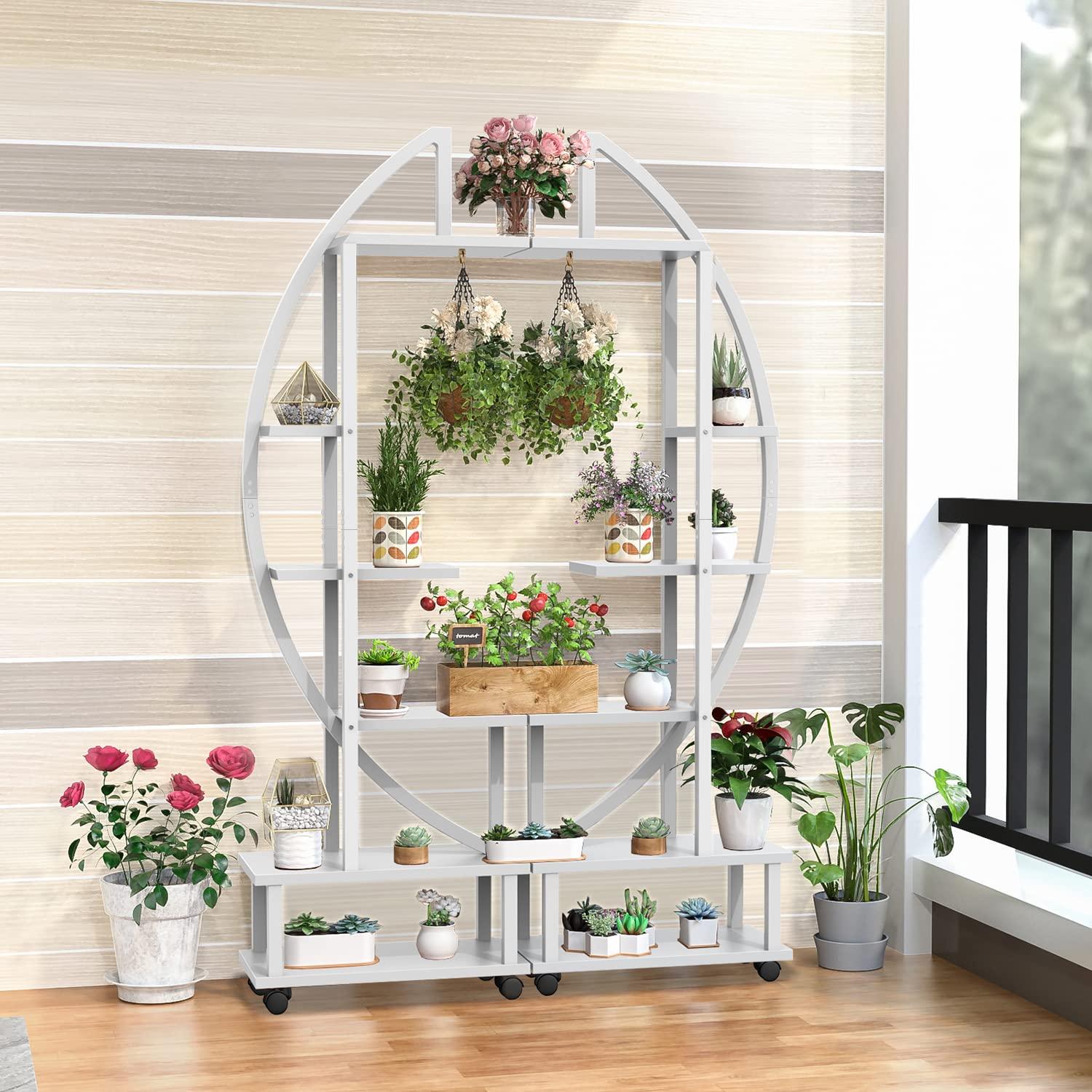 2 Pcs 6 Tier Tall Metal Indoor Plant Stand with Detachable Wheels, Plant Shelf Holder for Outdoor Clearance with Hanging Loop, Half-Moon-Shaped Multi-Purpose Plant Stands for Home Decor, Balcony,