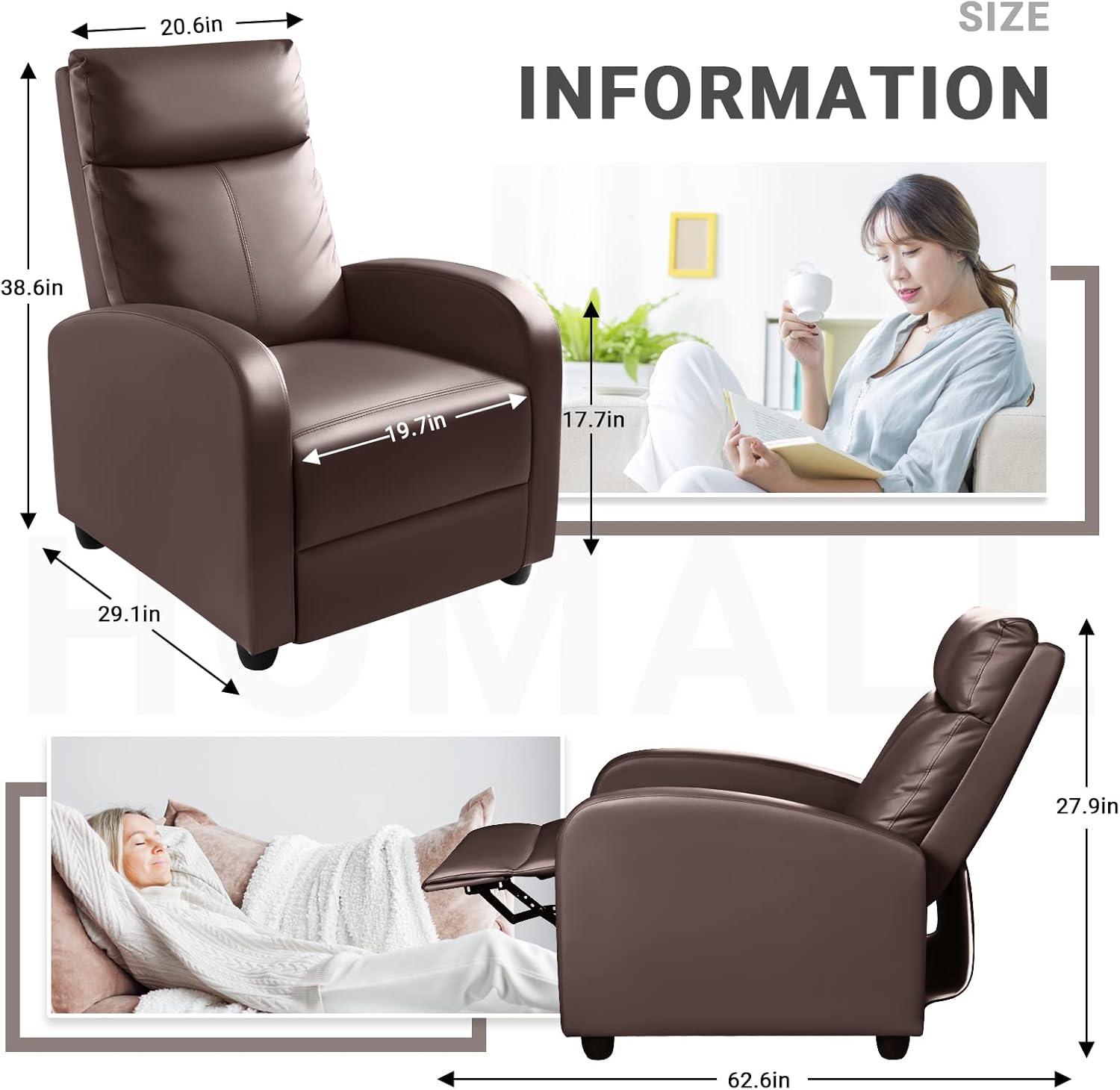 Recliner Chair Modern PU Leather Reclining Chair Ergonomic Adjustable Recliner for Living Room Home Theater Seating Single Sofa (Brown)